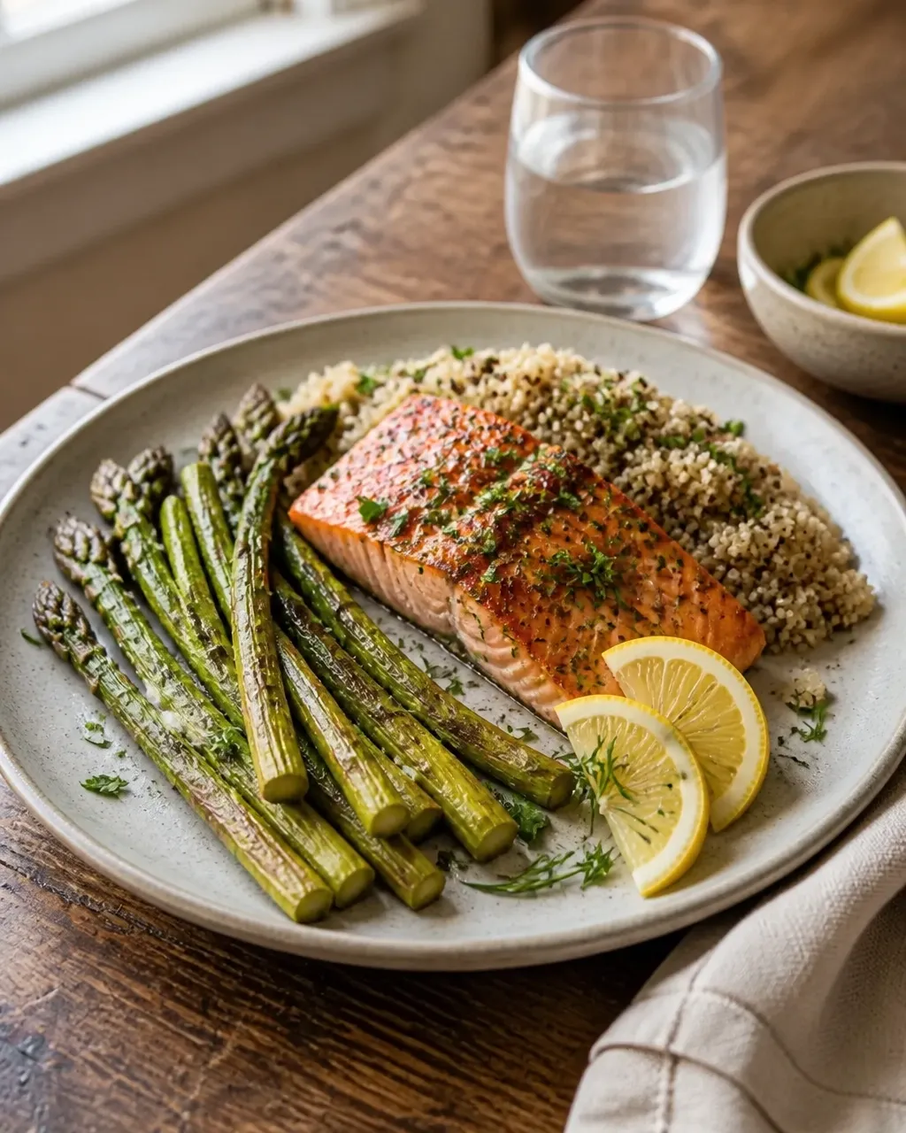 Lemon herb salmon with roasted asparagus and quinoa on a simple ceramic plate