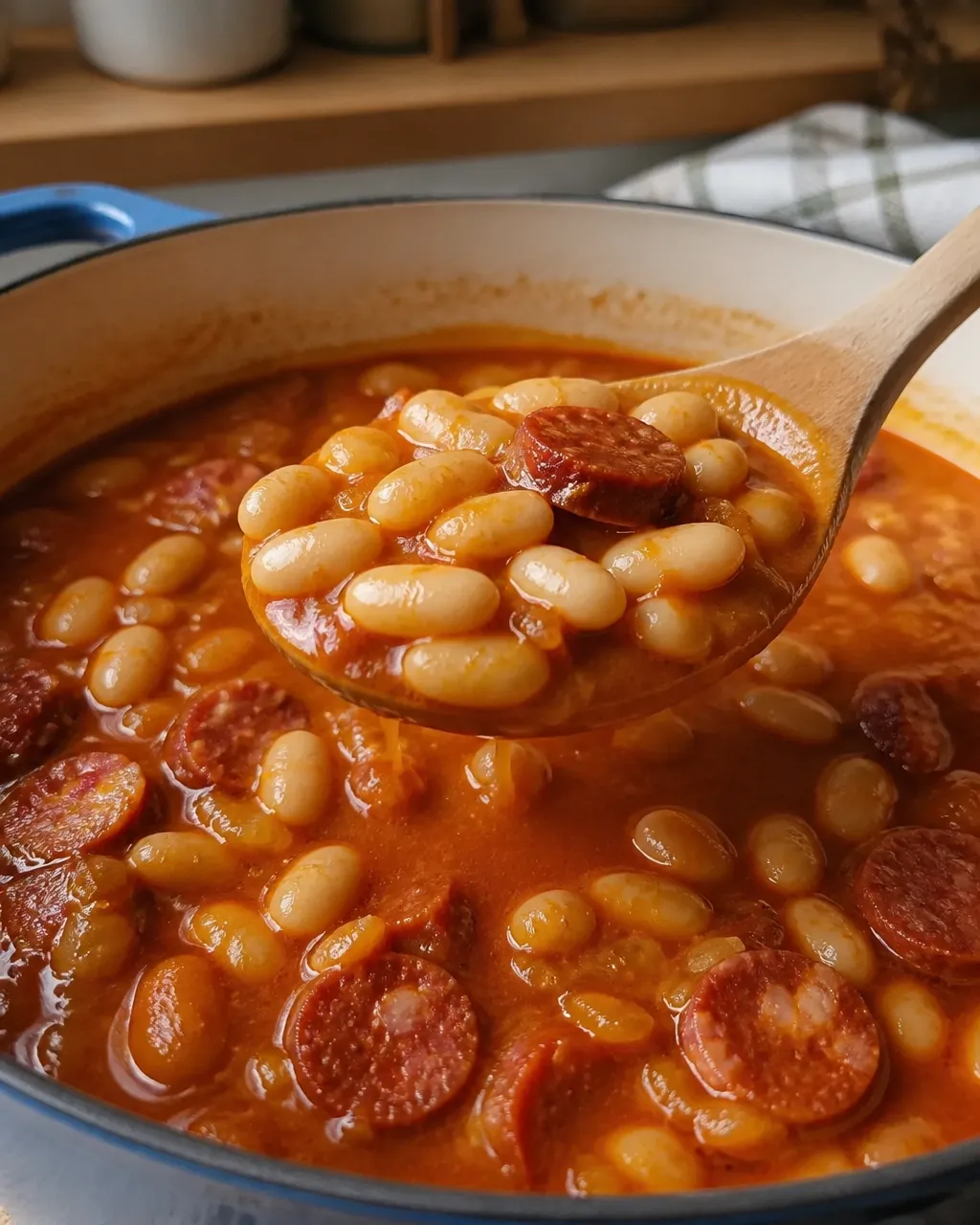 A spoon lifting tender white beans from the finished stew