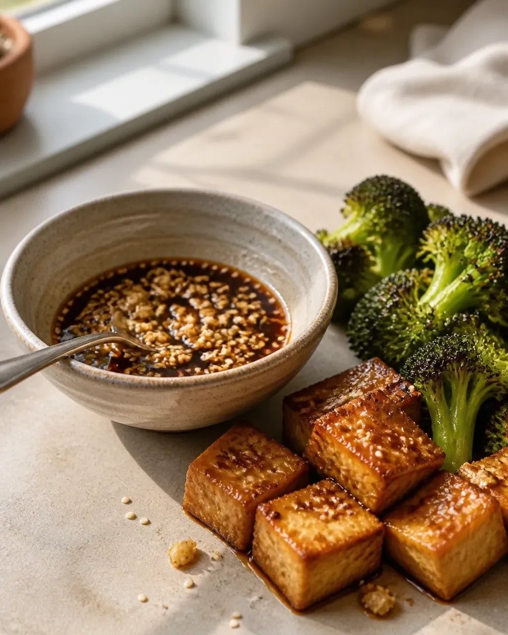 Garlic sesame sauce beside crispy tofu and broccoli
