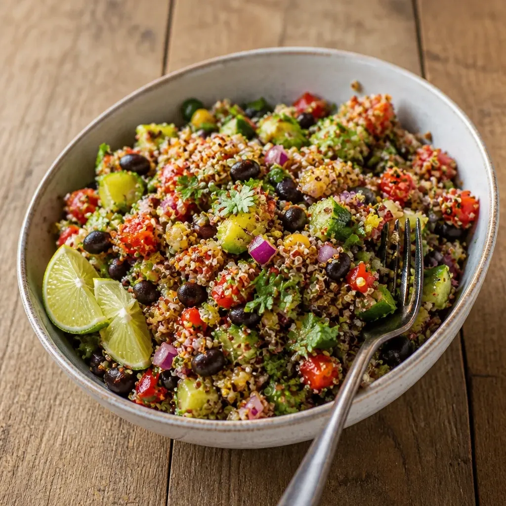 A finished quinoa and black bean power salad in a large ceramic bowl with bright vegetables, herbs, and lime