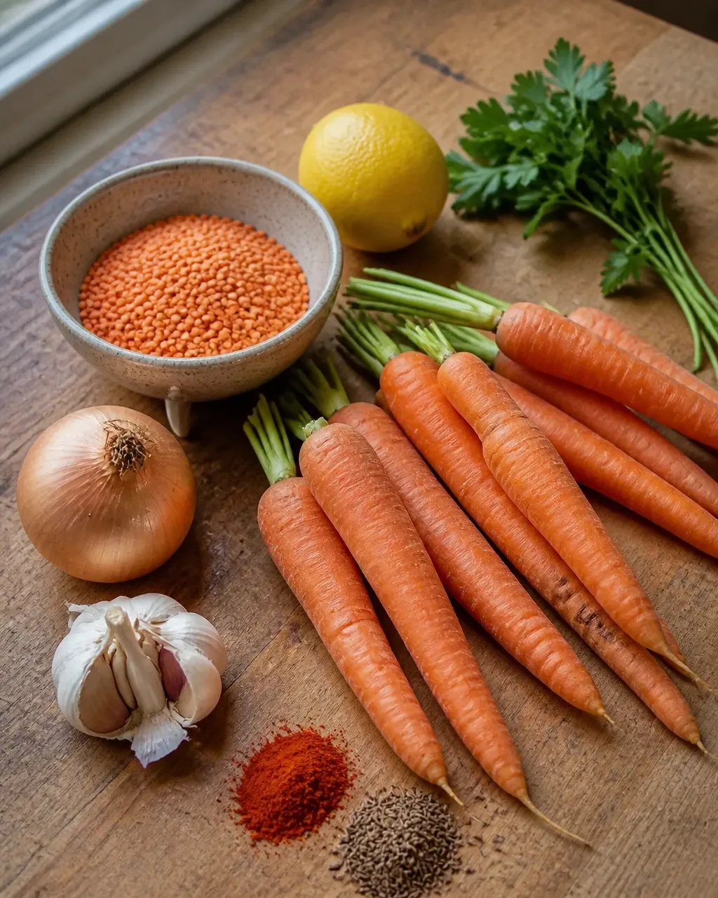 Carrots, red lentils, onion, garlic, spices, lemon, and parsley arranged for a simple homemade soup