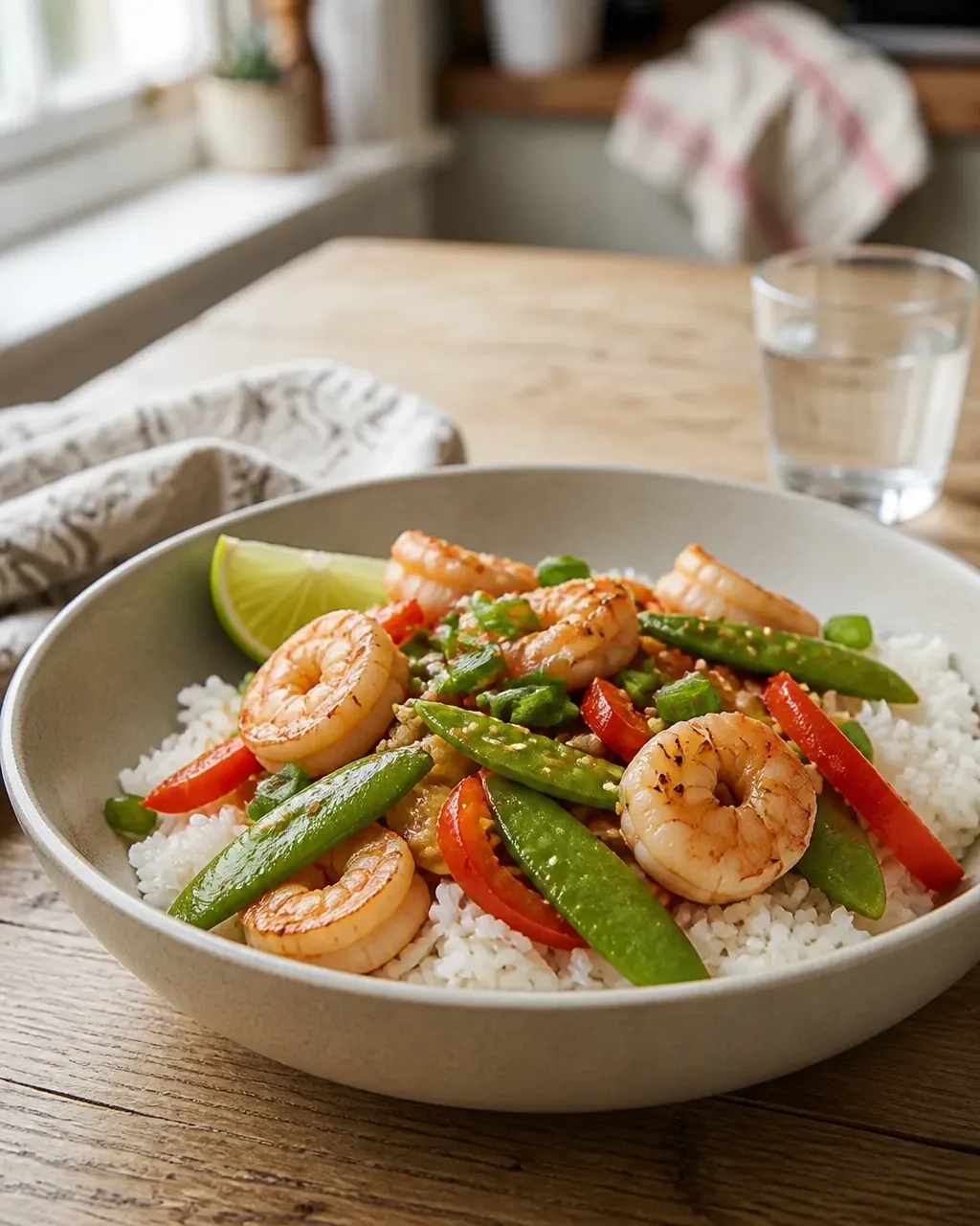Sesame ginger shrimp and snap peas served over rice with lime