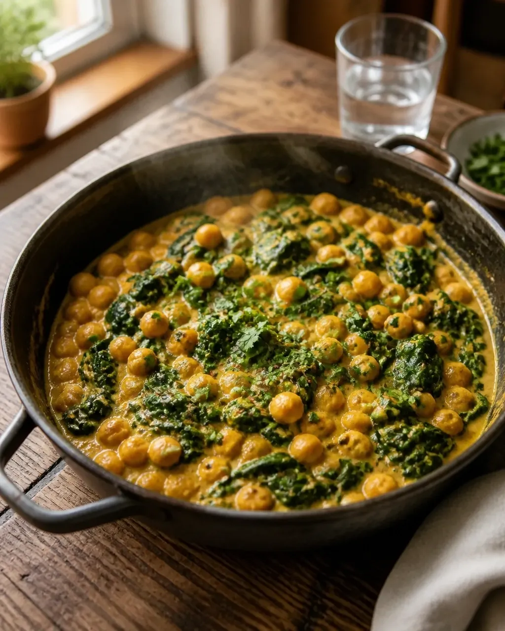 Coconut chickpea and spinach curry simmering in a skillet with visible chickpeas and greens
