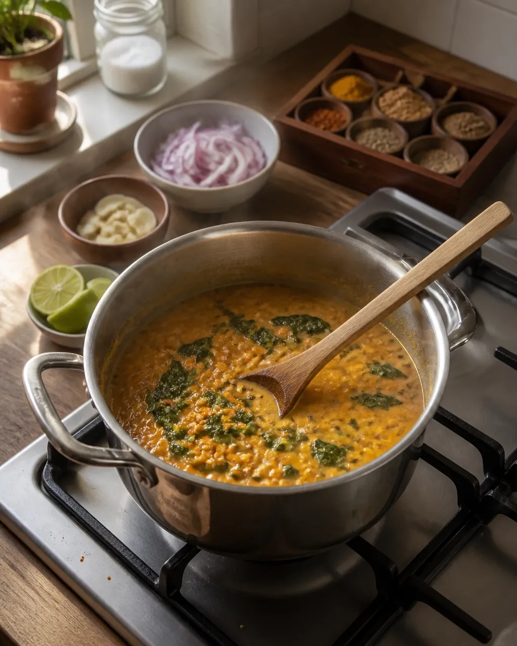Red lentil coconut curry gently simmering in a saucepan with spices and aromatics