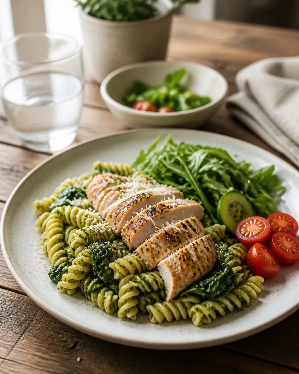 Spinach pesto chicken rotini served beside a crisp lemony green salad and cherry tomatoes on a rustic wooden table