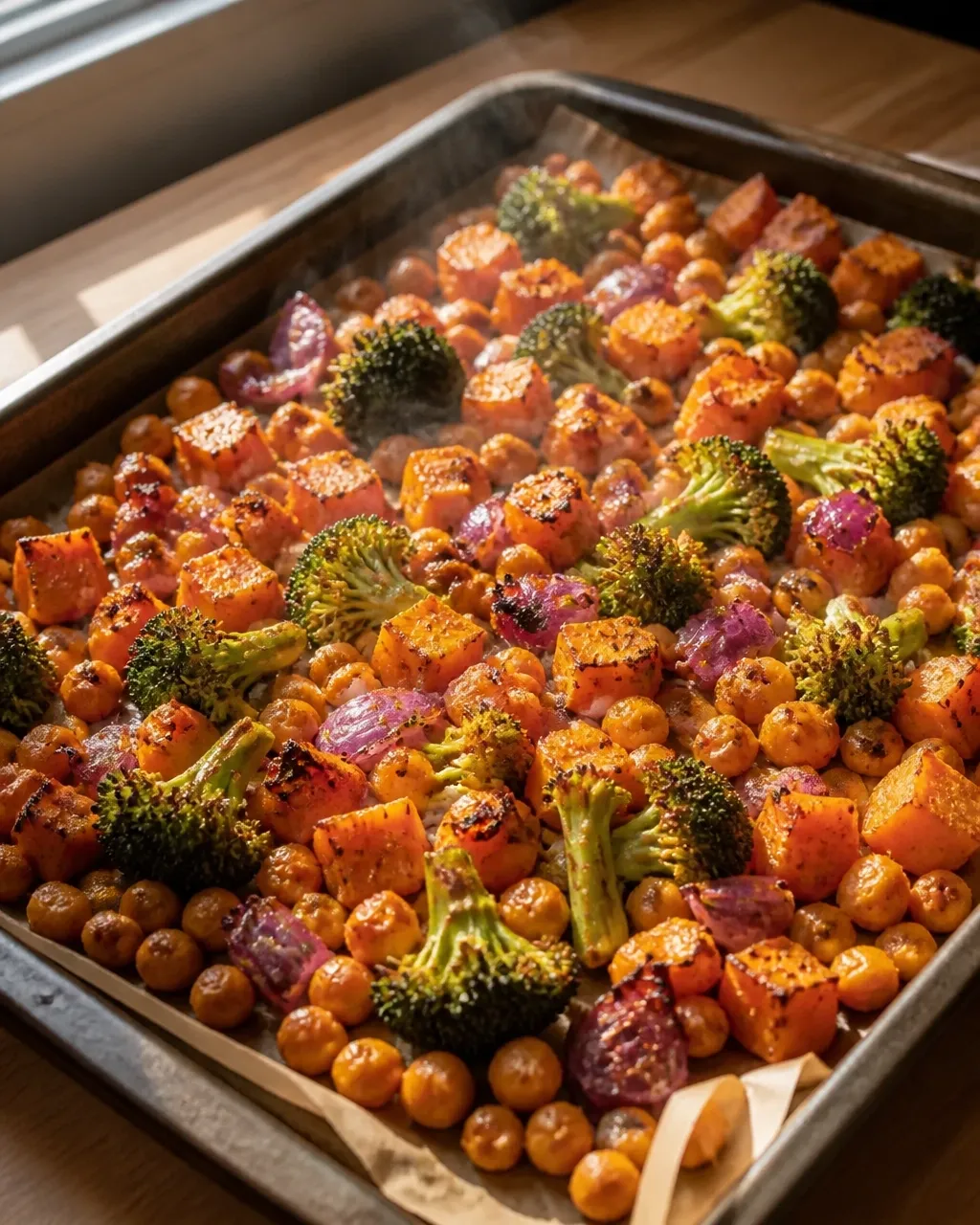 Roasted chickpeas and vegetables on a baking sheet with browned edges and natural home-kitchen texture