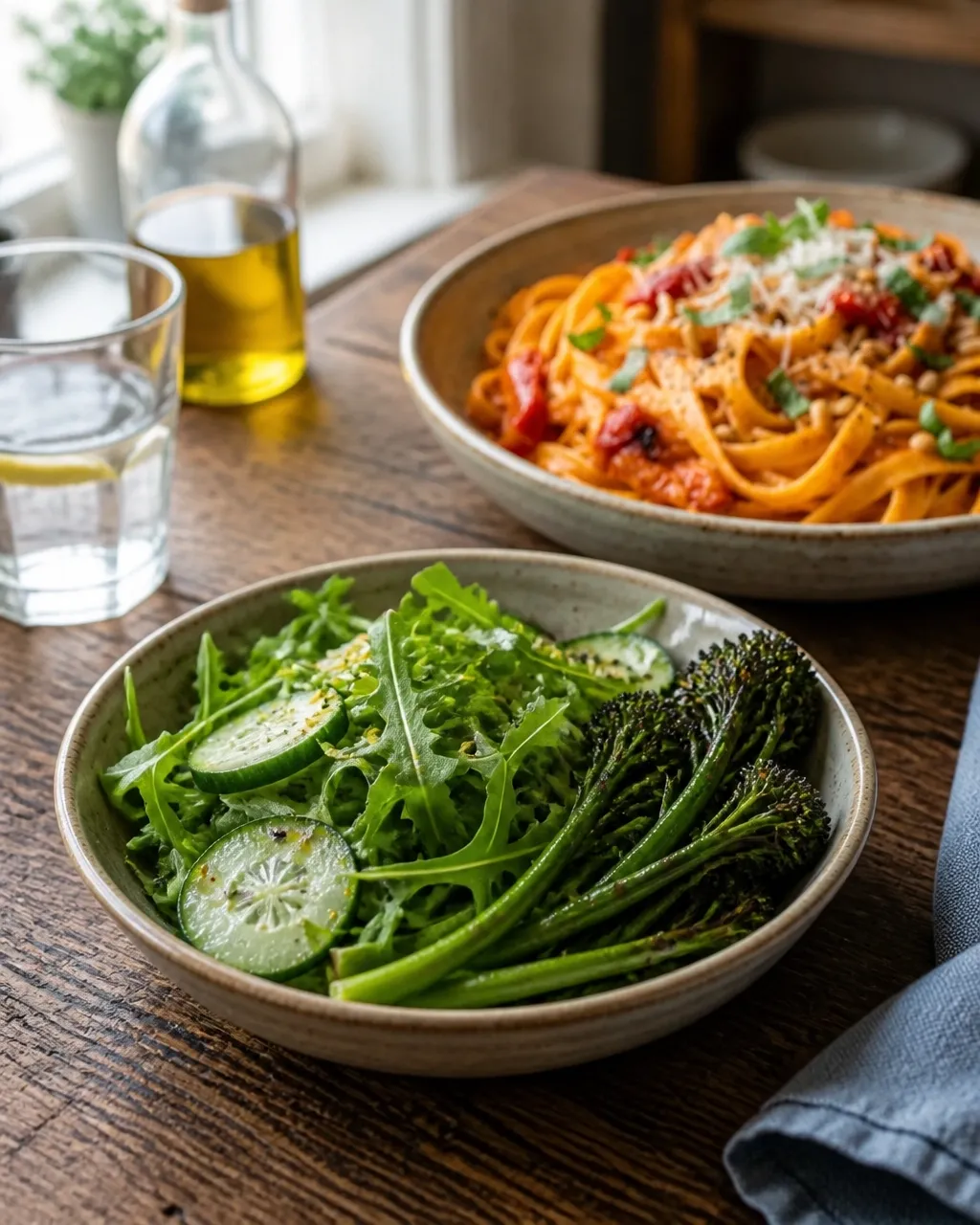 Roasted red pepper and tomato pasta served with crisp arugula cucumber salad and charred broccolini