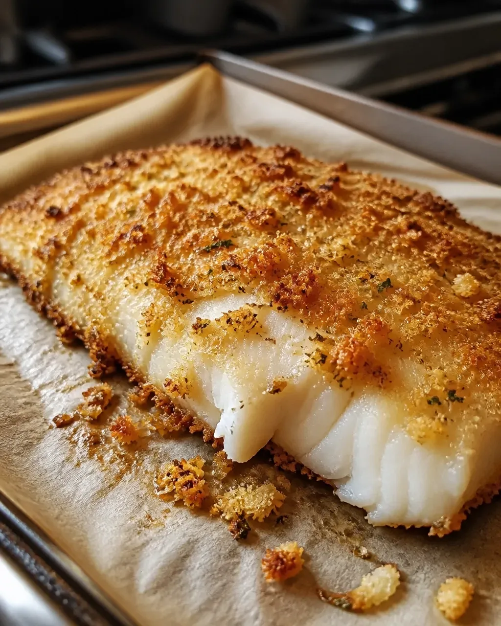Close-up of a golden Parmesan crust on baked cod