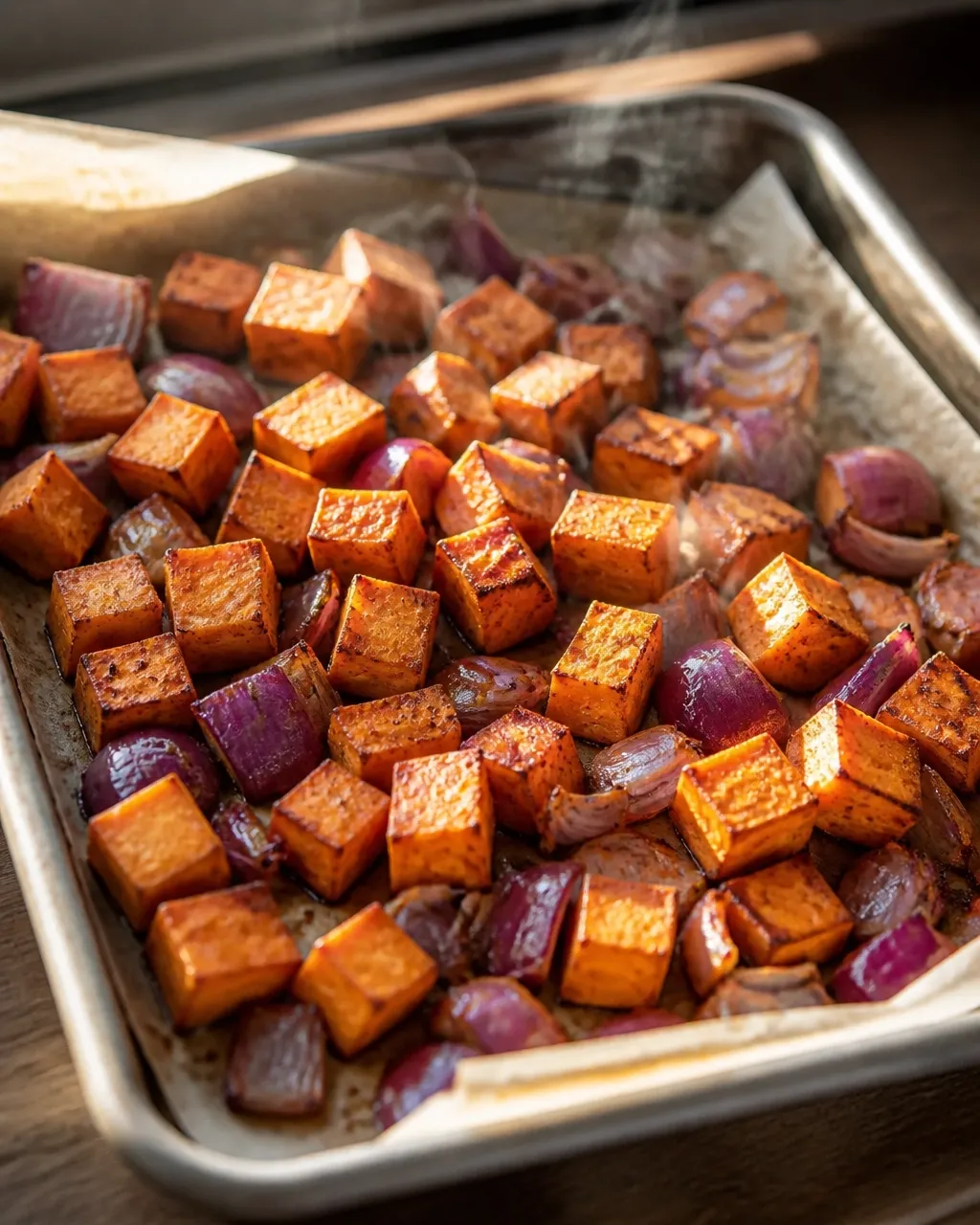 Roasted sweet potato cubes and red onion browning on a sheet pan