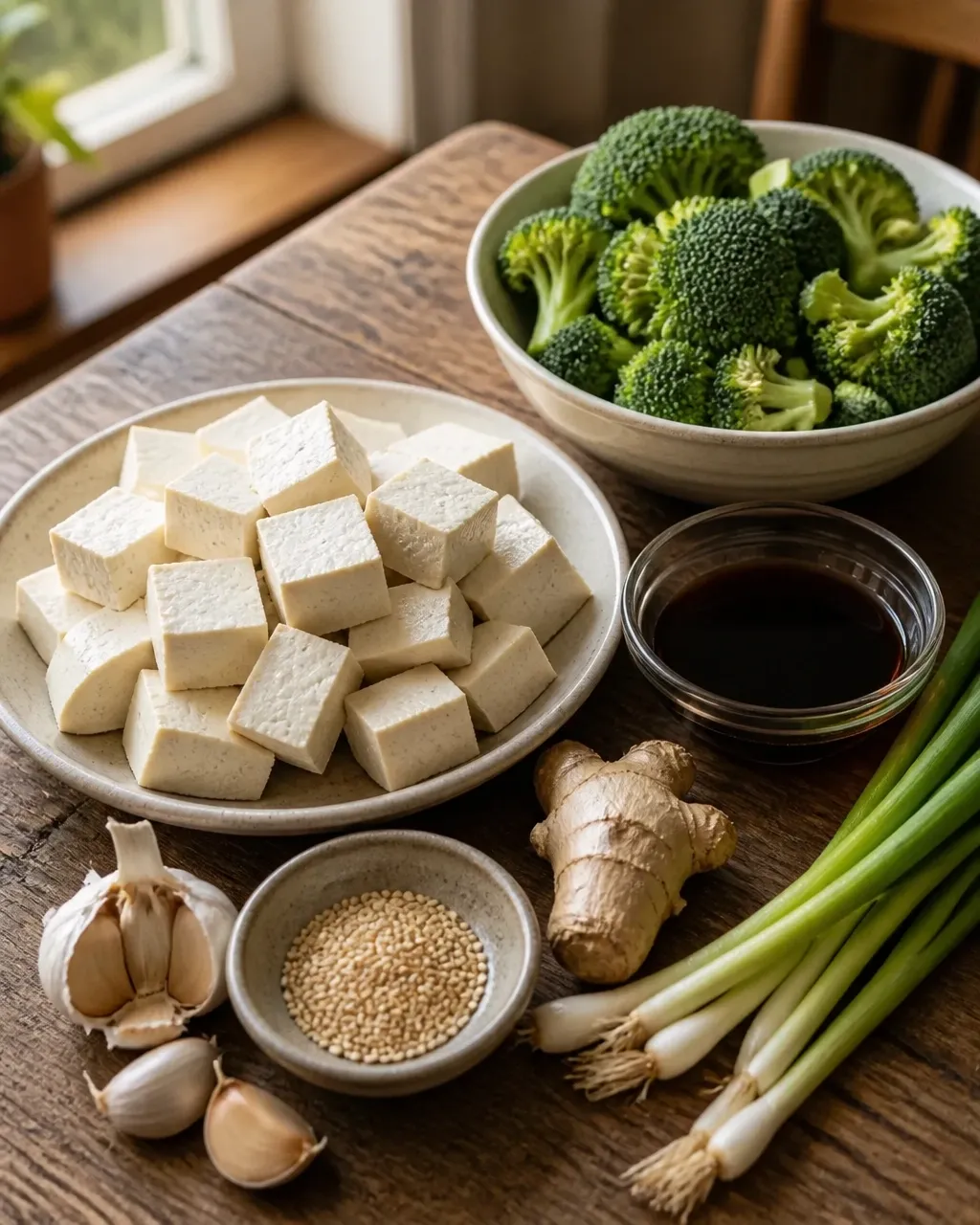 Fresh tofu, broccoli, garlic, ginger, sesame seeds, and sauce ingredients