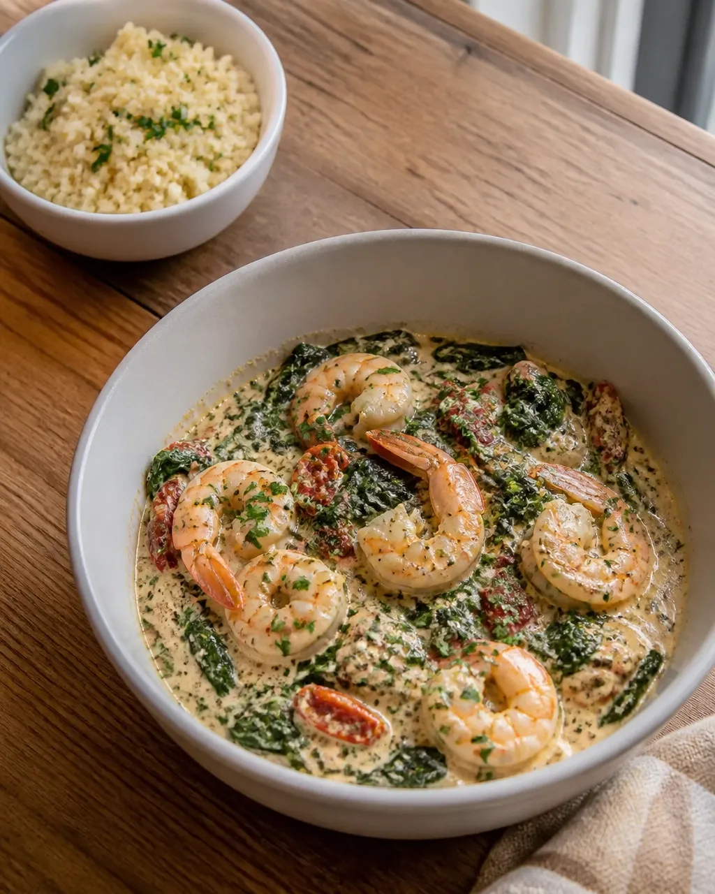 Reheated creamy Tuscan shrimp with spinach and cauliflower rice in a home kitchen