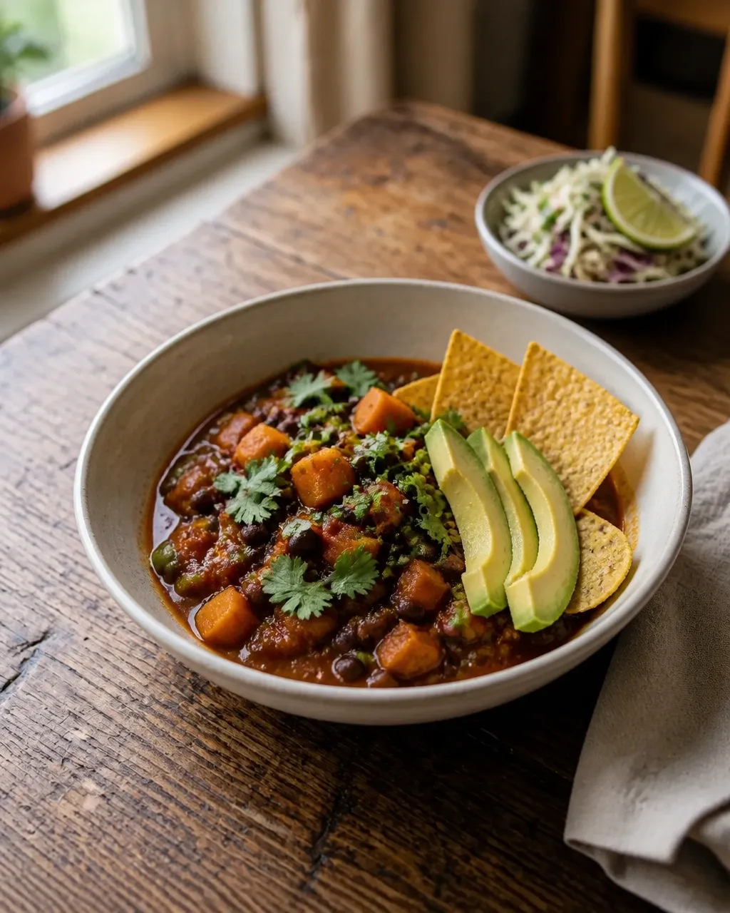 A finished bowl of sweet potato black bean chili topped with cilantro, avocado, lime, and tortilla chips beside a small cabbage-lime slaw