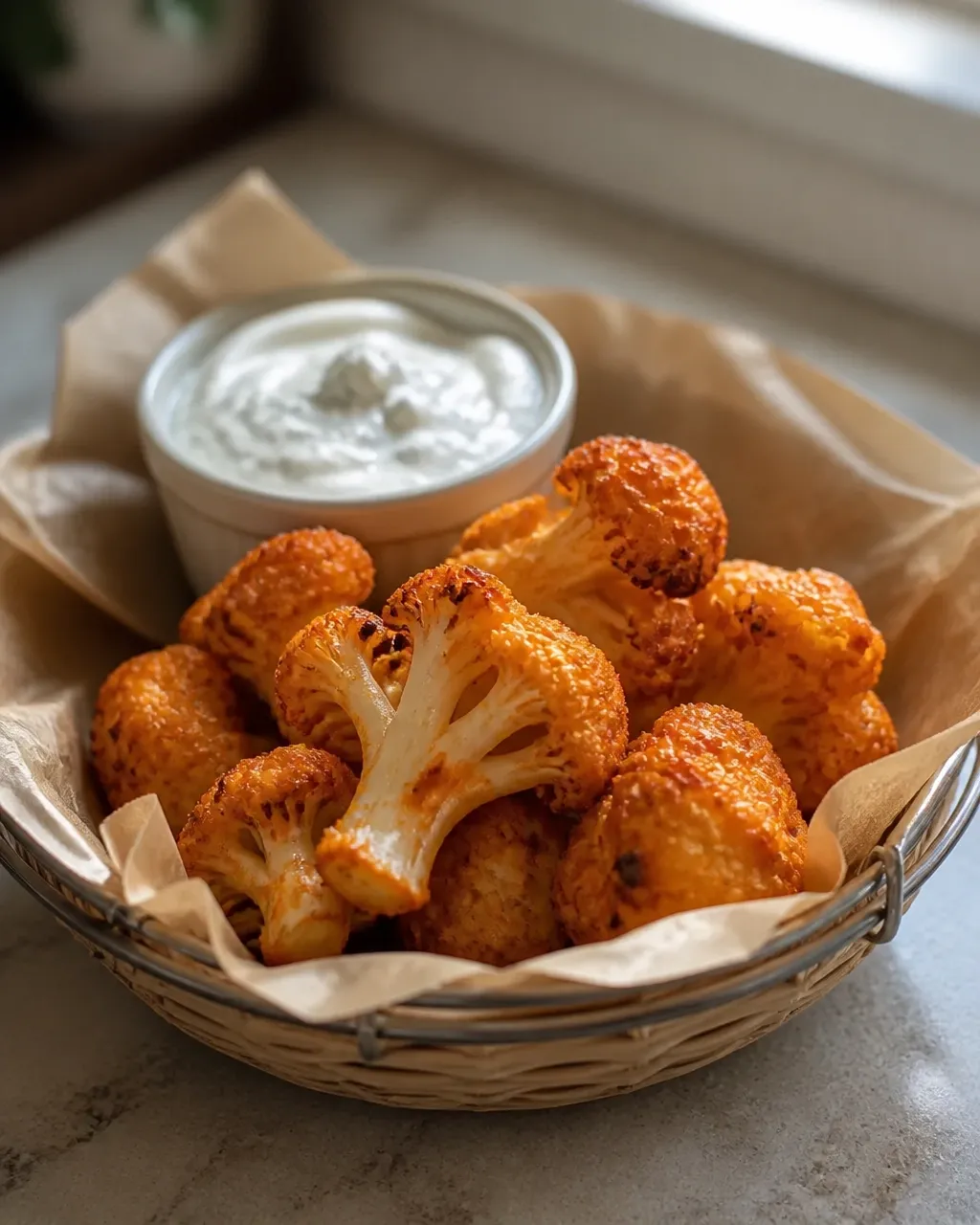 Golden-edged buffalo cauliflower florets showing a crisp, craggy coating beside blue cheese dip
