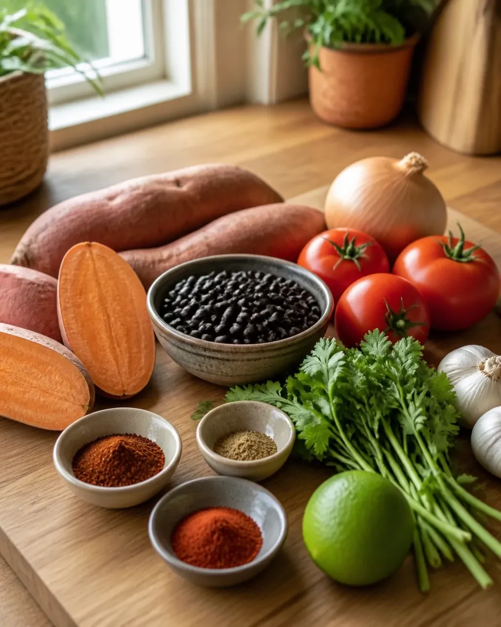 Sweet potatoes, black beans, tomatoes, onion, lime, cilantro, and spices arranged casually on a simple kitchen counter