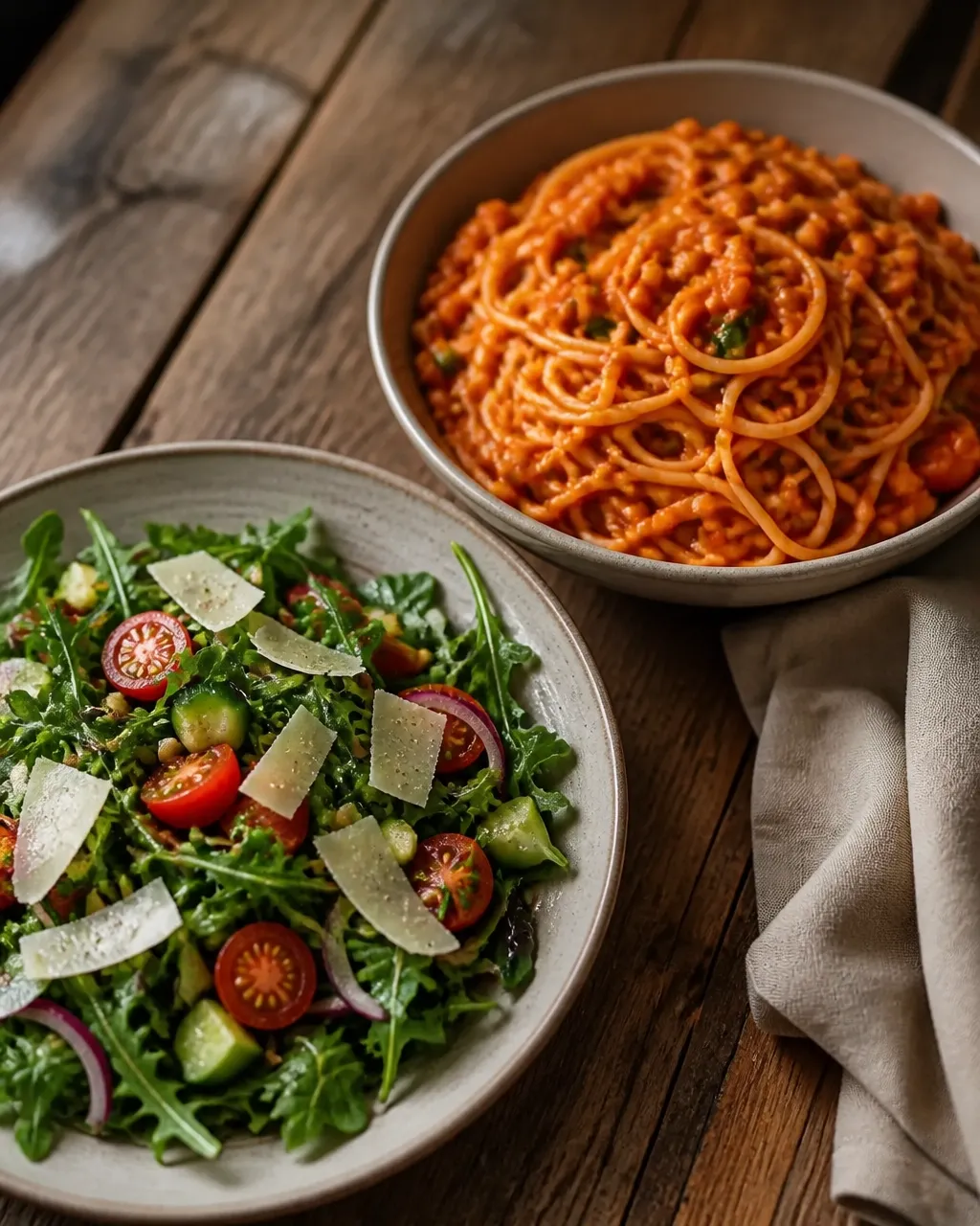 Arugula salad with lemon and tomatoes served beside creamy tomato lentil pasta