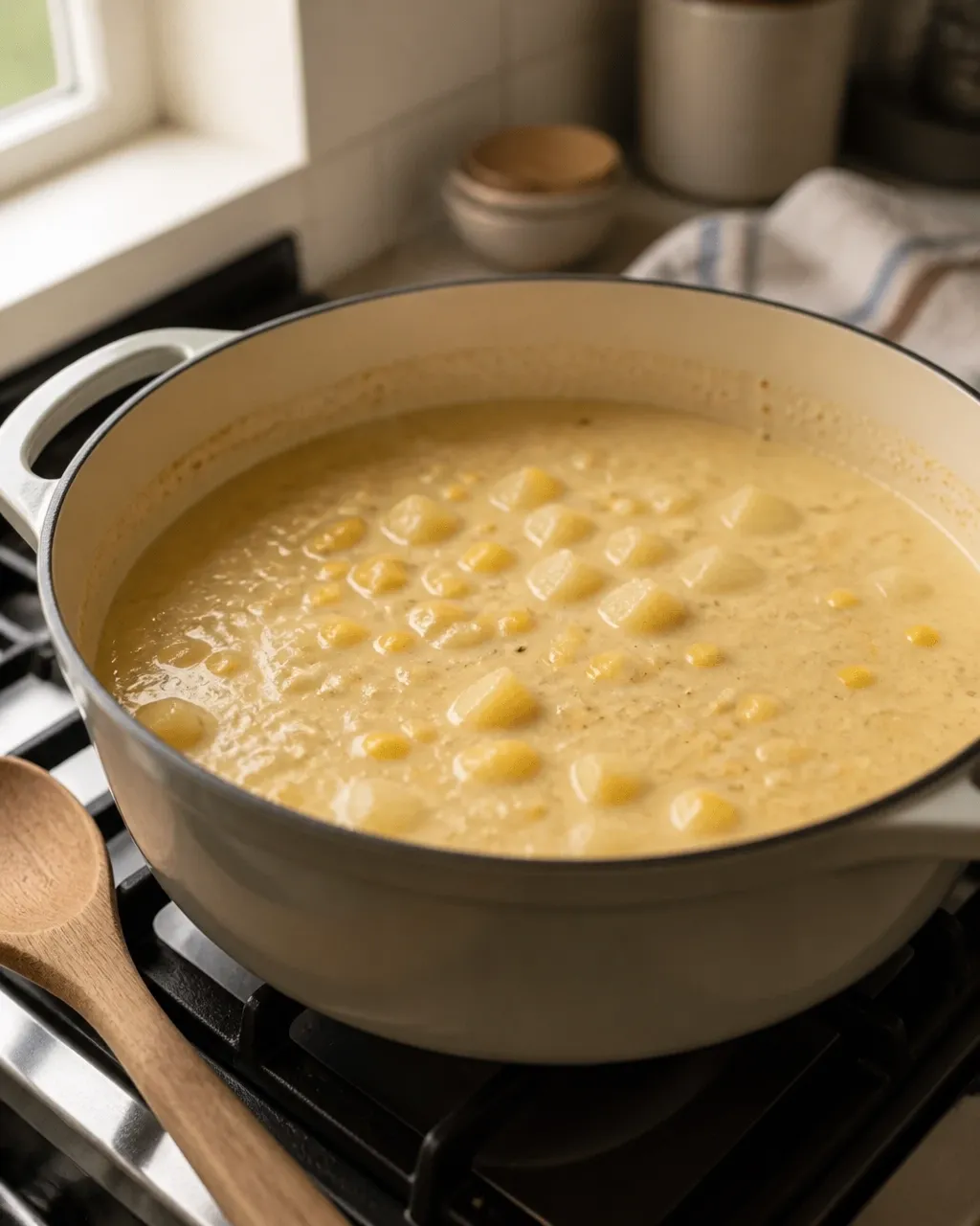 Creamy corn and potato chowder gently simmering in a large saucepan with visible corn and potato pieces