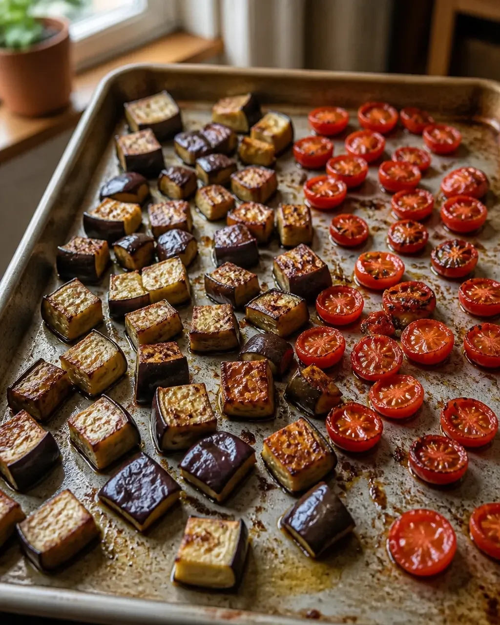 Eggplant cubes and cherry tomatoes roasting on a sheet pan