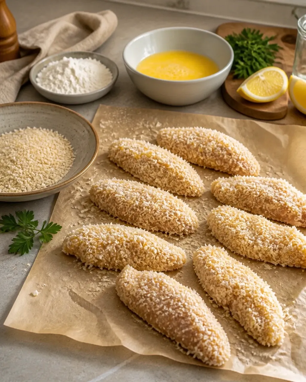 Raw breaded chicken tenders beside panko, egg, flour, lemon, and herbs on a kitchen counter
