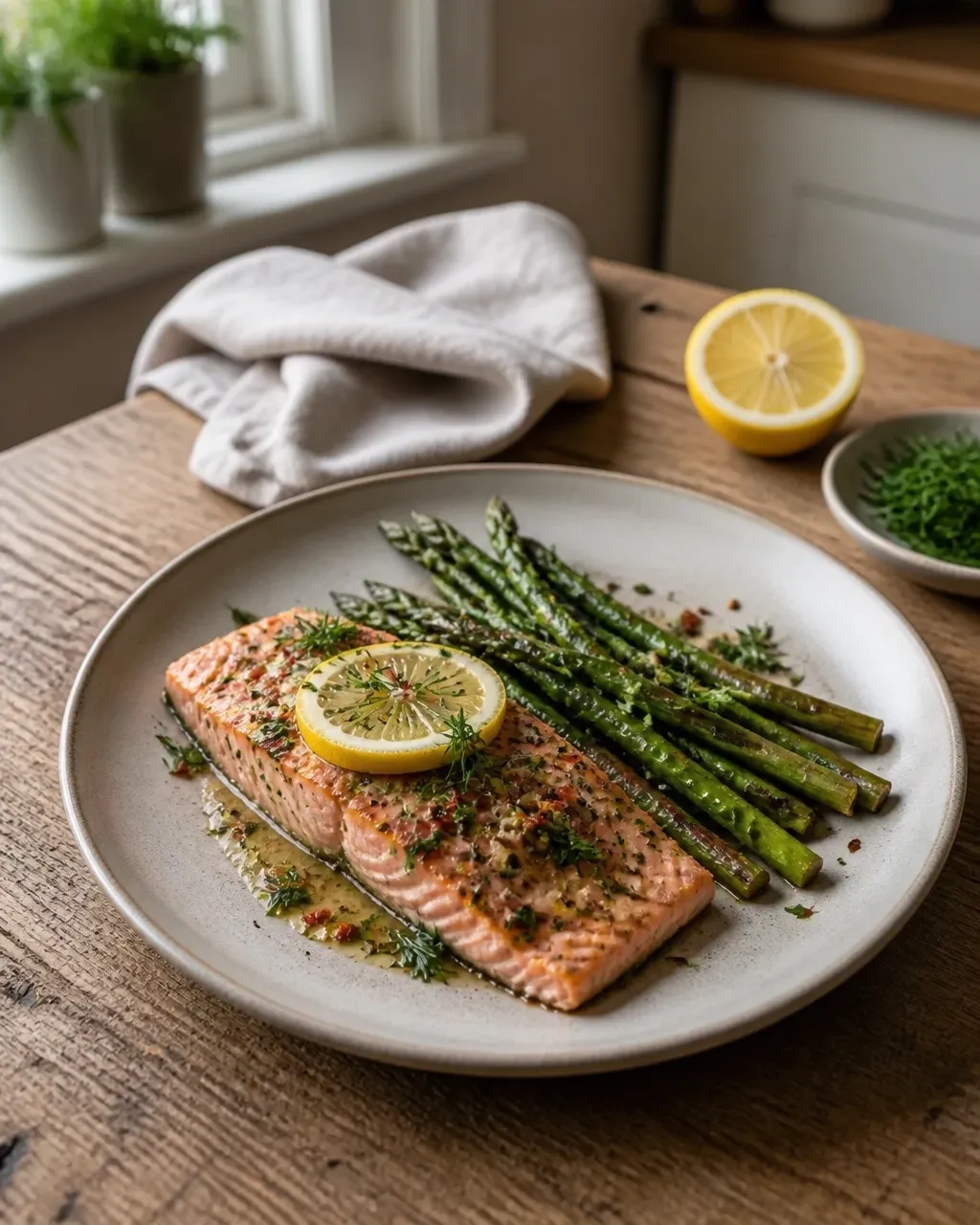 Lemon and chili garlic butter salmon with asparagus