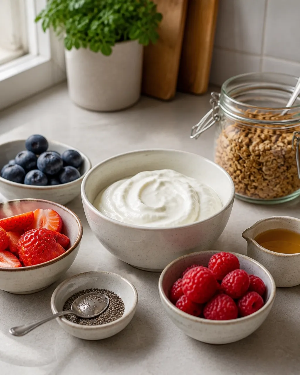 Greek yogurt, berries, chia seeds, and toppings arranged as parfait ingredients
