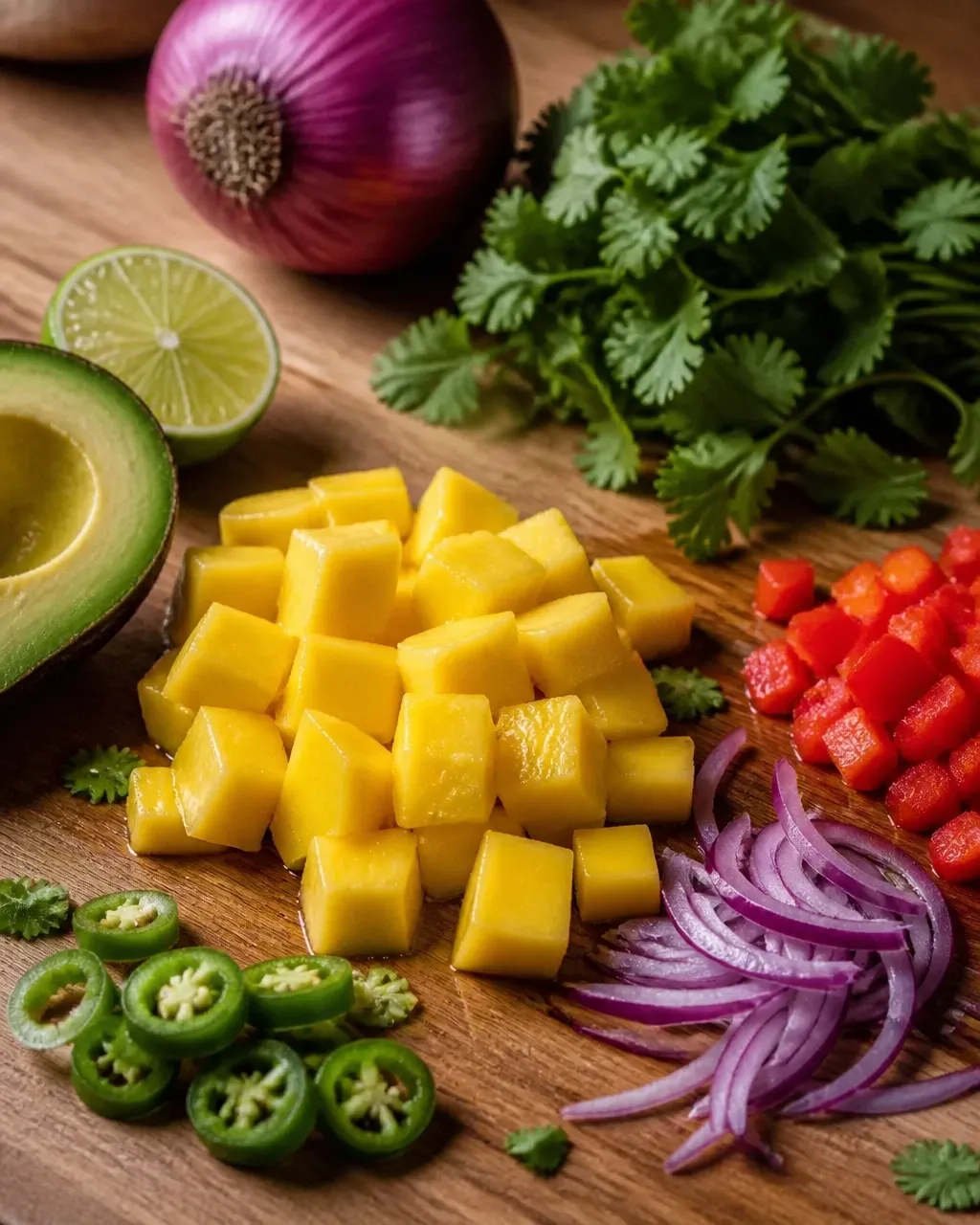 Fresh mango salsa ingredients with lime, red onion, bell pepper, cilantro, jalapeño, and avocado