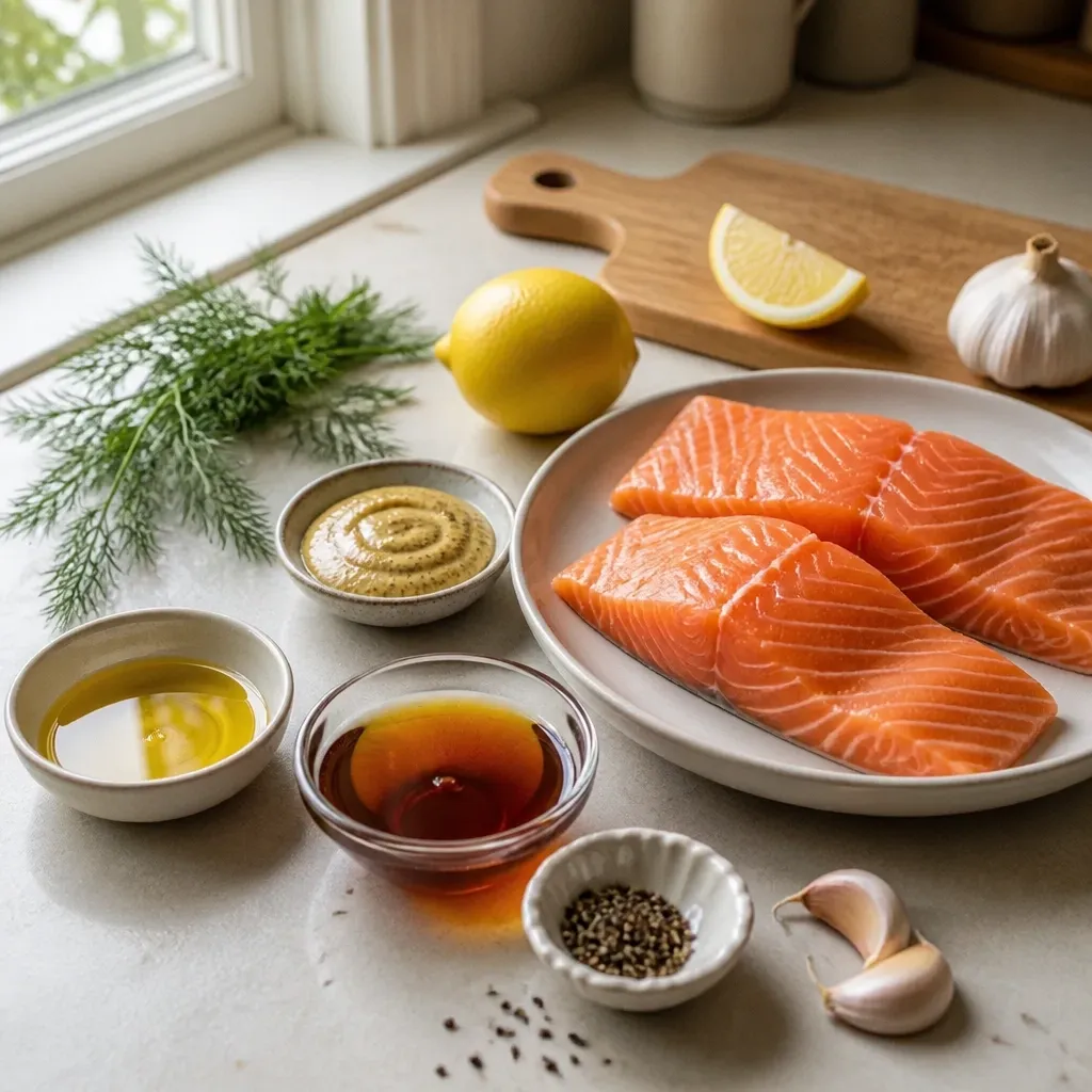 Raw salmon fillets with maple syrup, Dijon mustard, lemon, garlic, dill, and olive oil