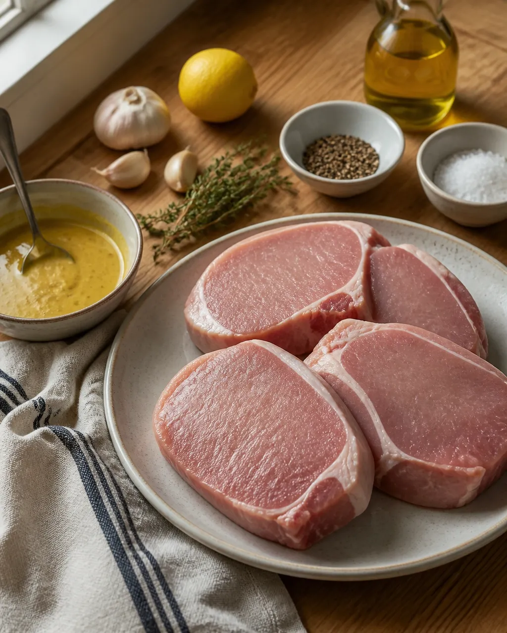 Raw pork chops and honey mustard cooking ingredients arranged on a wooden kitchen counter