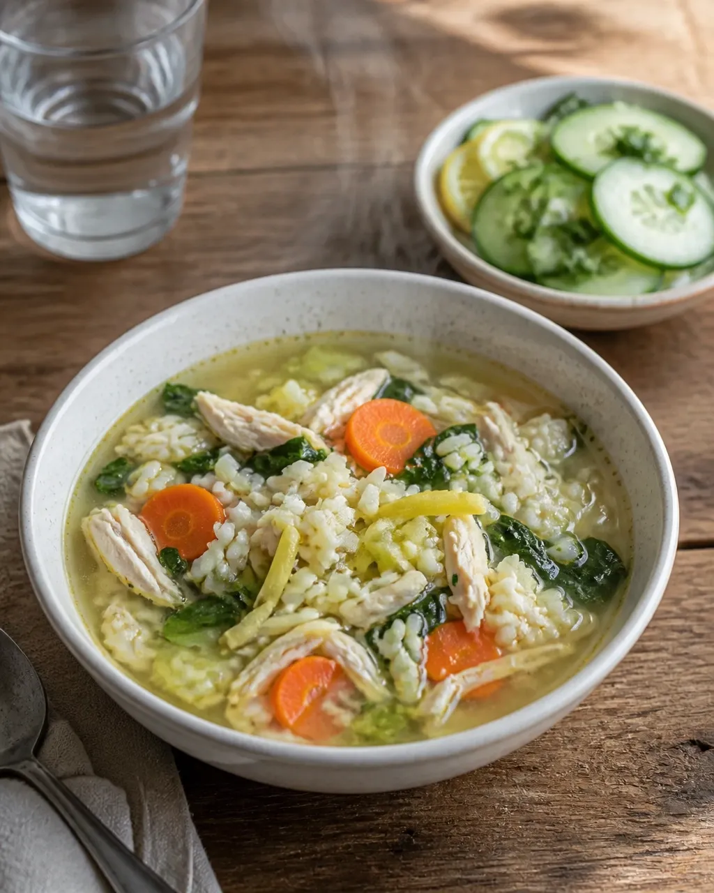 Ginger chicken and vegetable rice soup served beside a crisp cucumber and herb salad with lemon