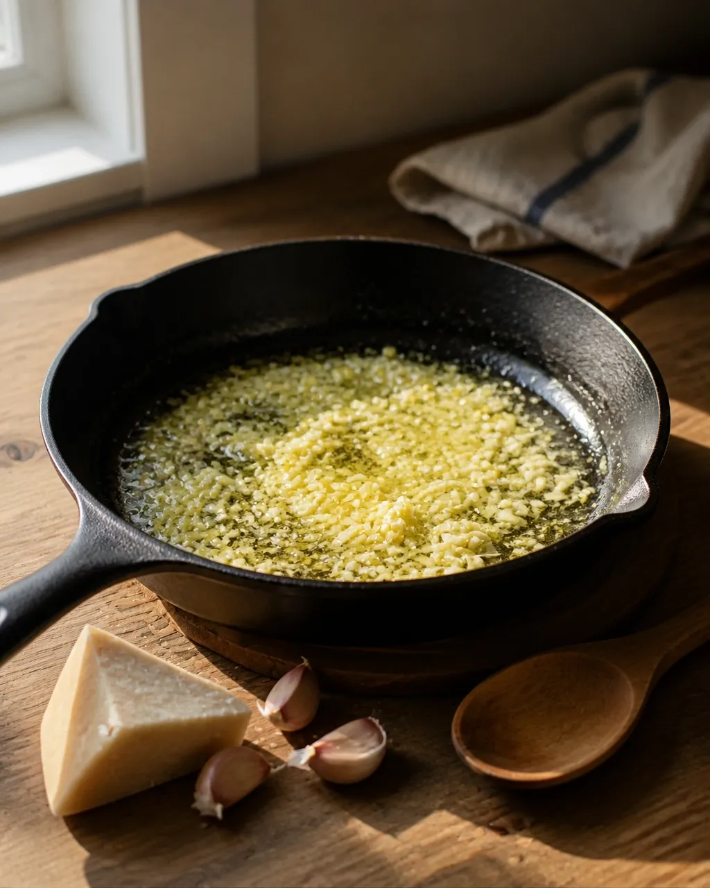 A skillet with gently softened garlic and butter, with Parmesan and garlic cloves nearby