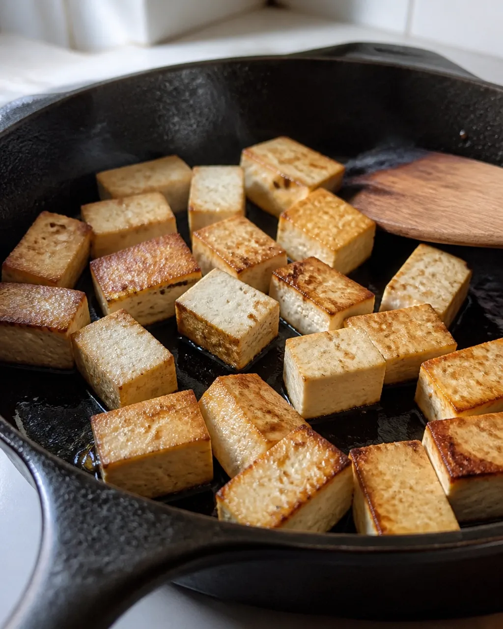 Golden tofu cubes browning in a cast-iron skillet with natural steam and warm daylight