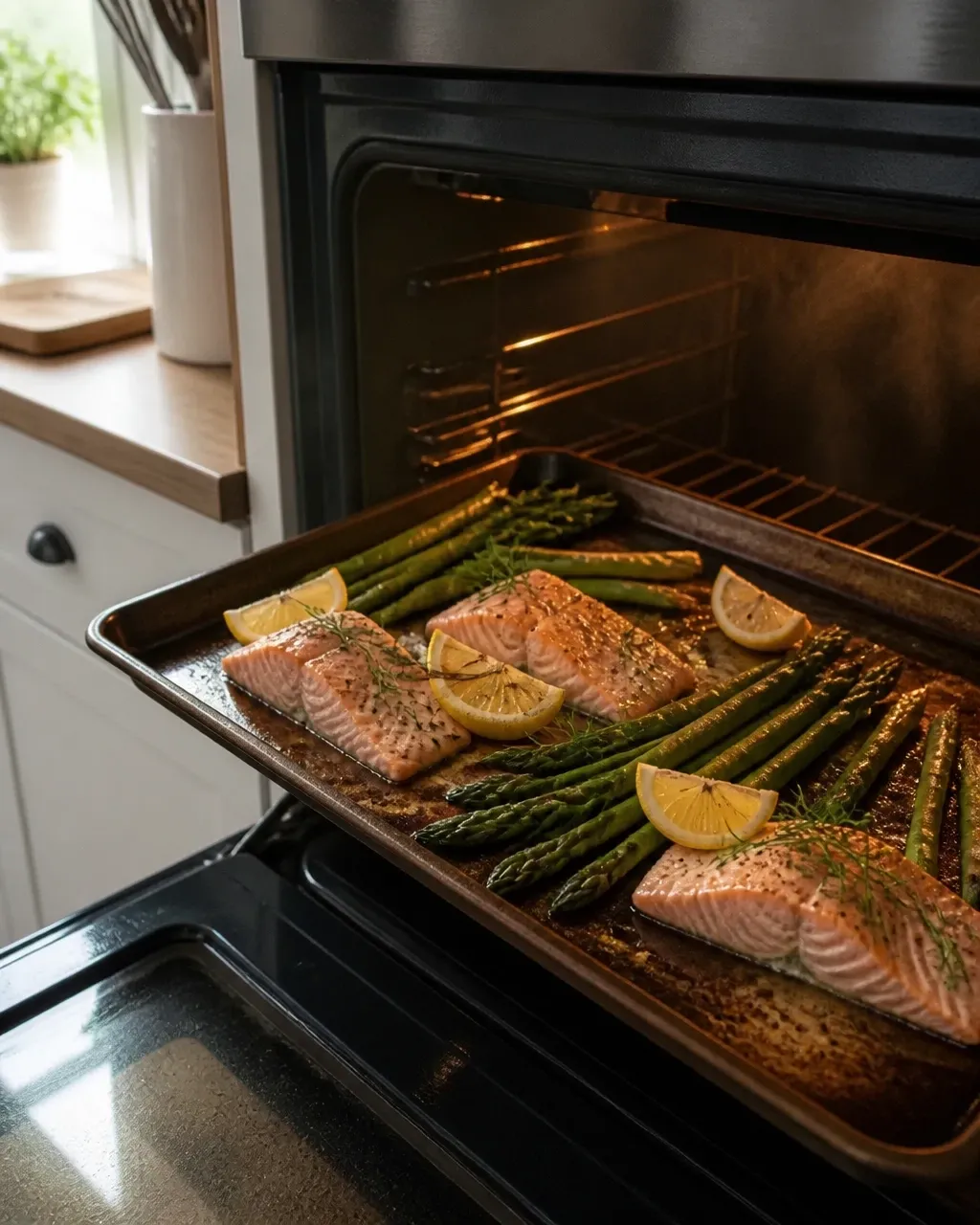 Sheet pan salmon and asparagus roasting with lemon and herbs in a home oven