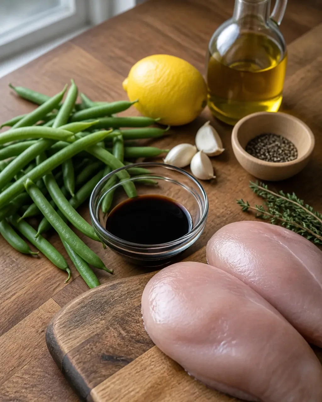 Fresh chicken, green beans, balsamic vinegar, garlic, lemon, and thyme arranged on a home kitchen counter