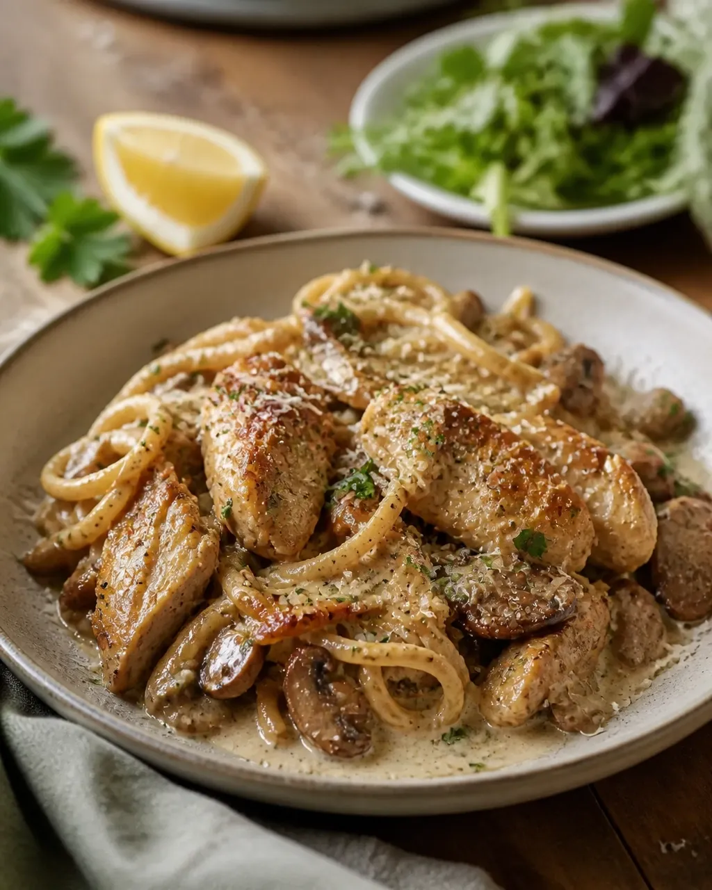 Finished creamy garlic Parmesan chicken and mushrooms served in a shallow bowl