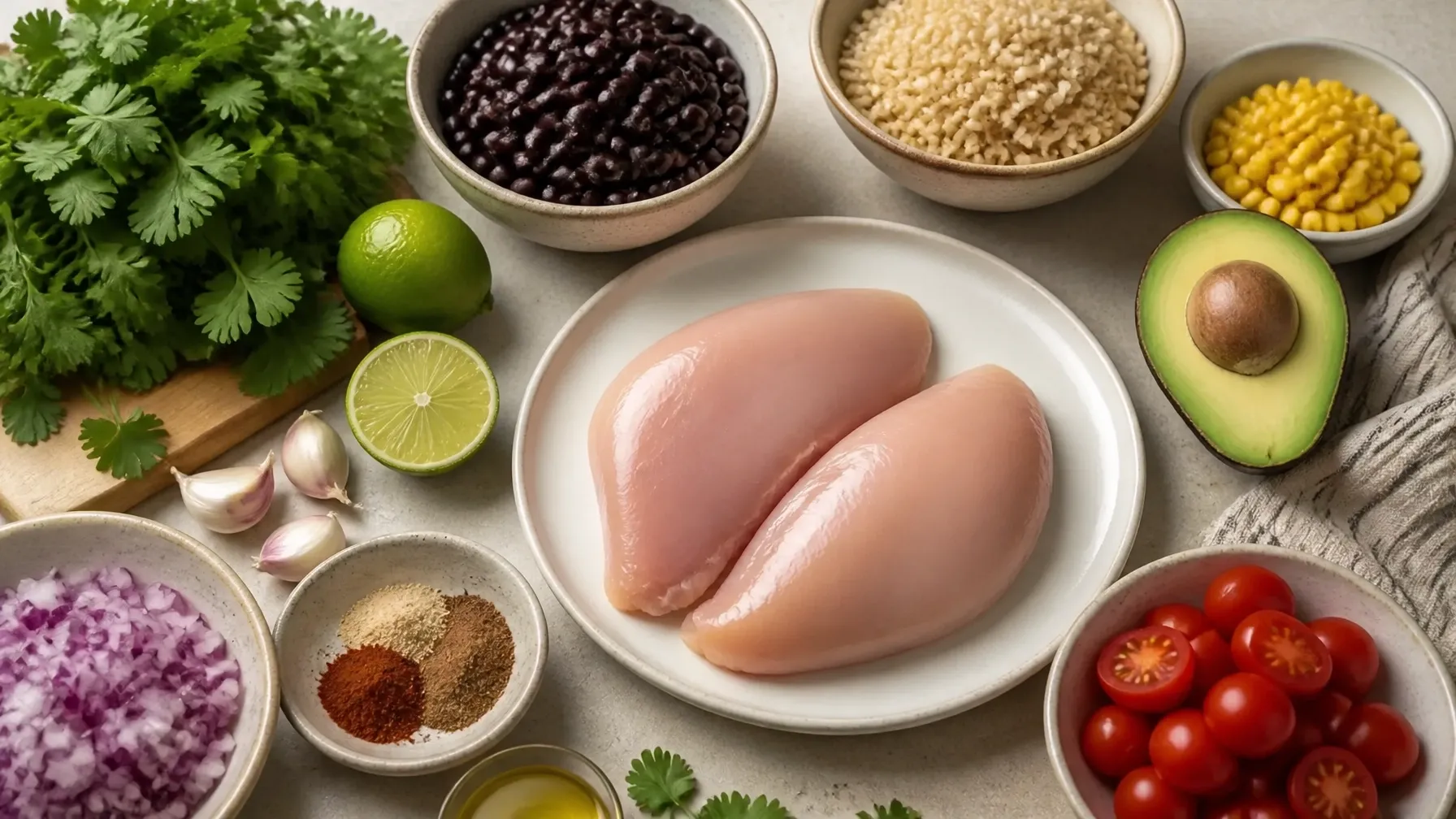 Fresh ingredients for a cilantro lime chicken and black bean bowl arranged on a kitchen table
