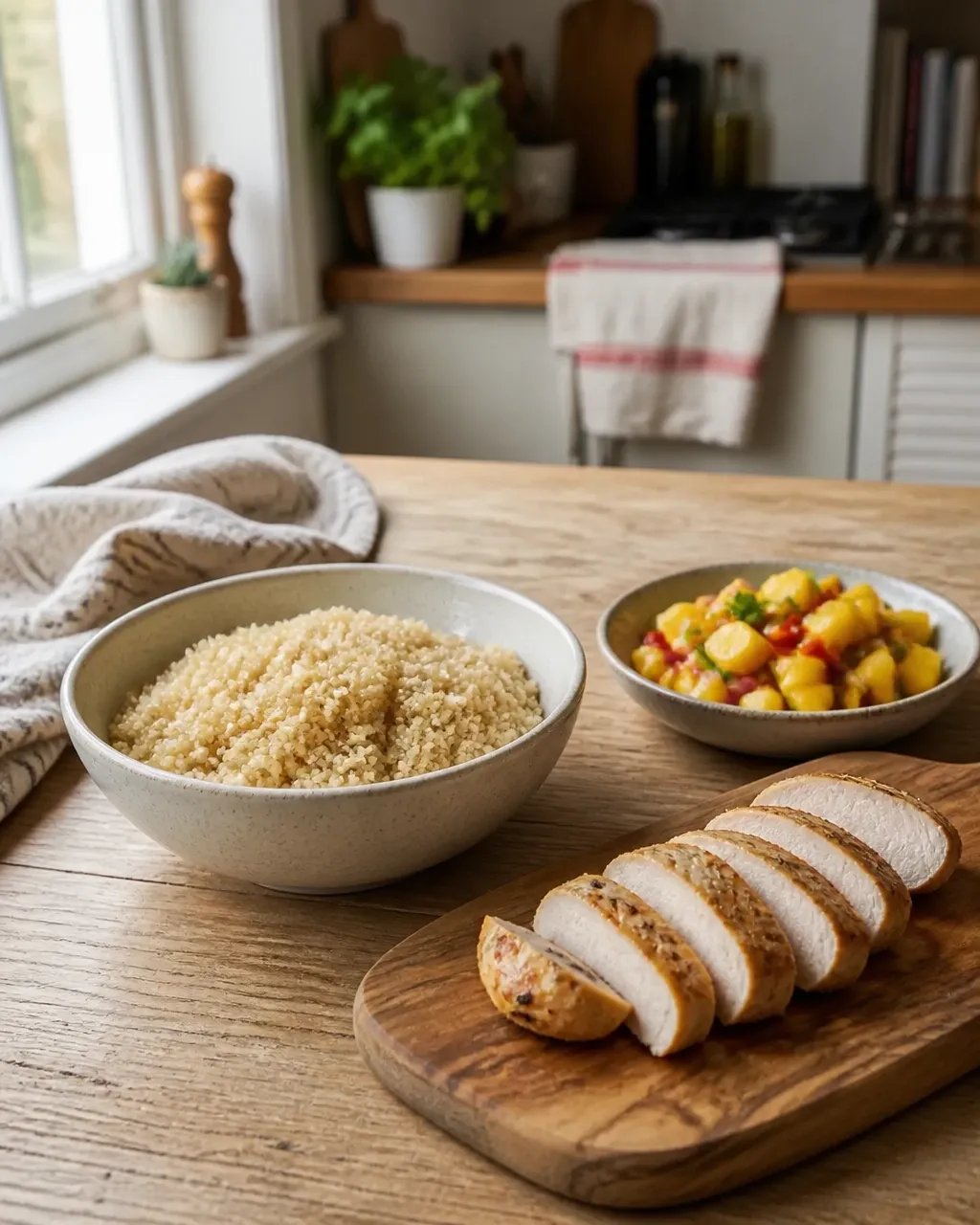 Fluffy quinoa, sliced cooked chicken, and mango salsa components in a home kitchen