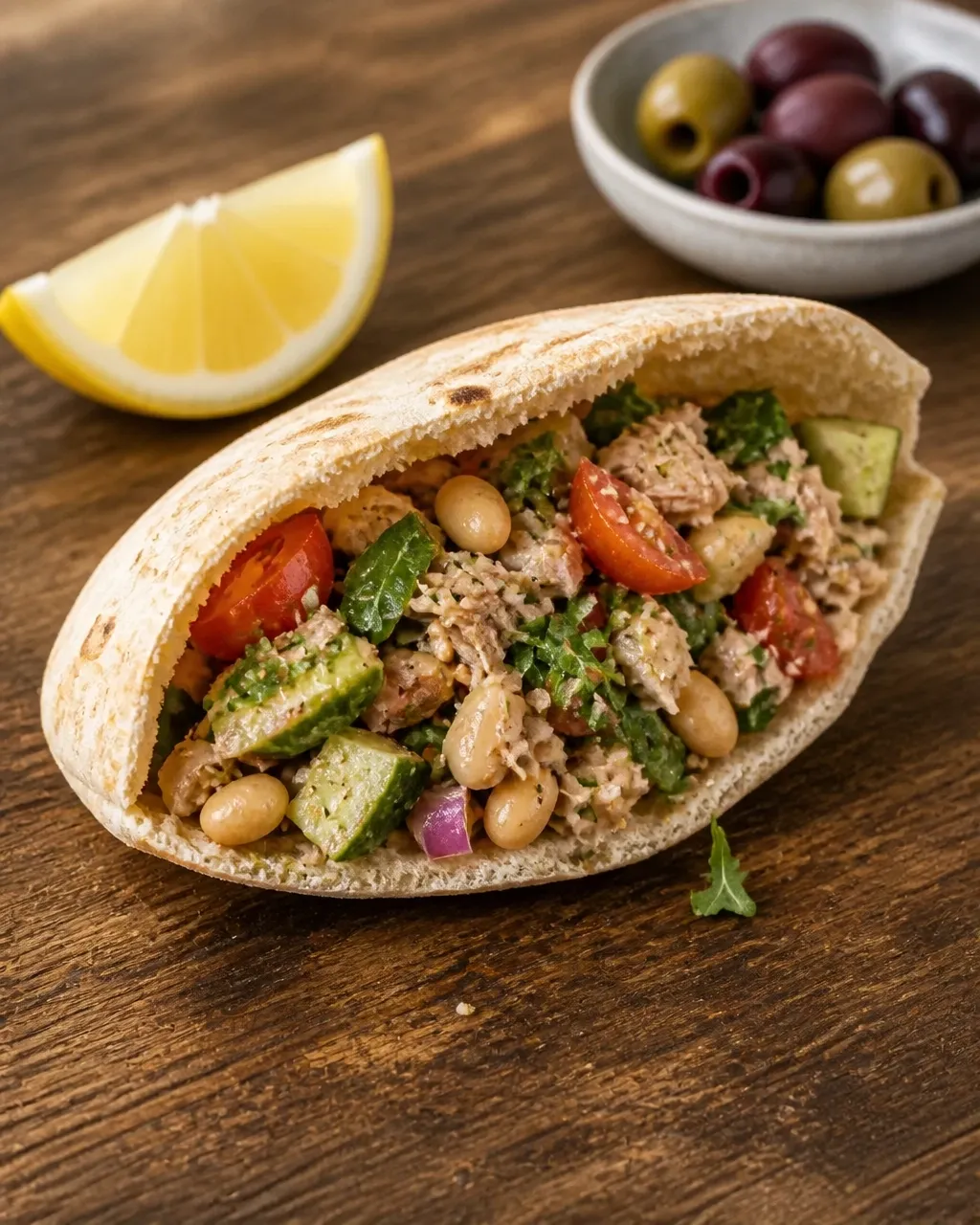 Open tuna and white bean pita pocket with greens, tomatoes, herbs, and lemon