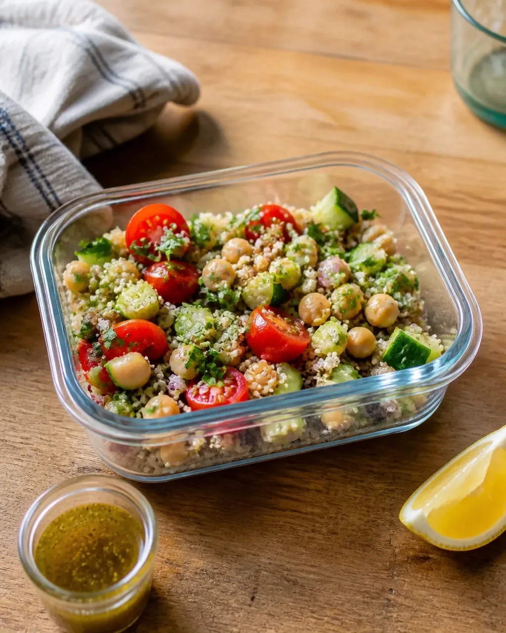 Mediterranean quinoa and cucumber bowl packed for lunch with dressing kept separately