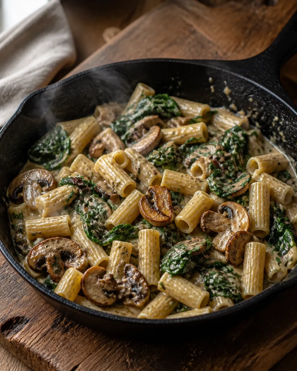Creamy mushroom spinach penne gently finishing in a skillet with steam rising