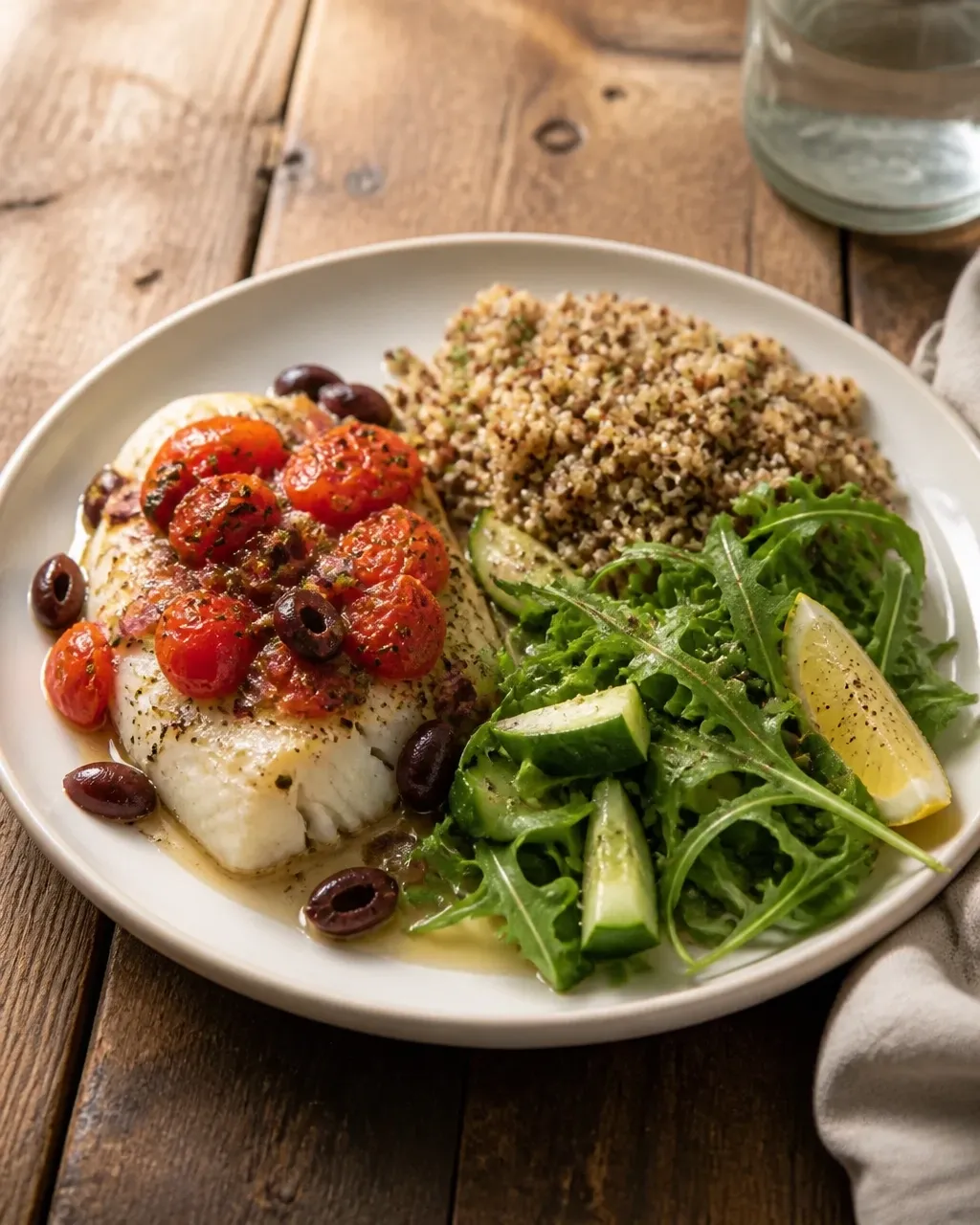 Baked cod with tomatoes and olives served with grains and a fresh arugula salad
