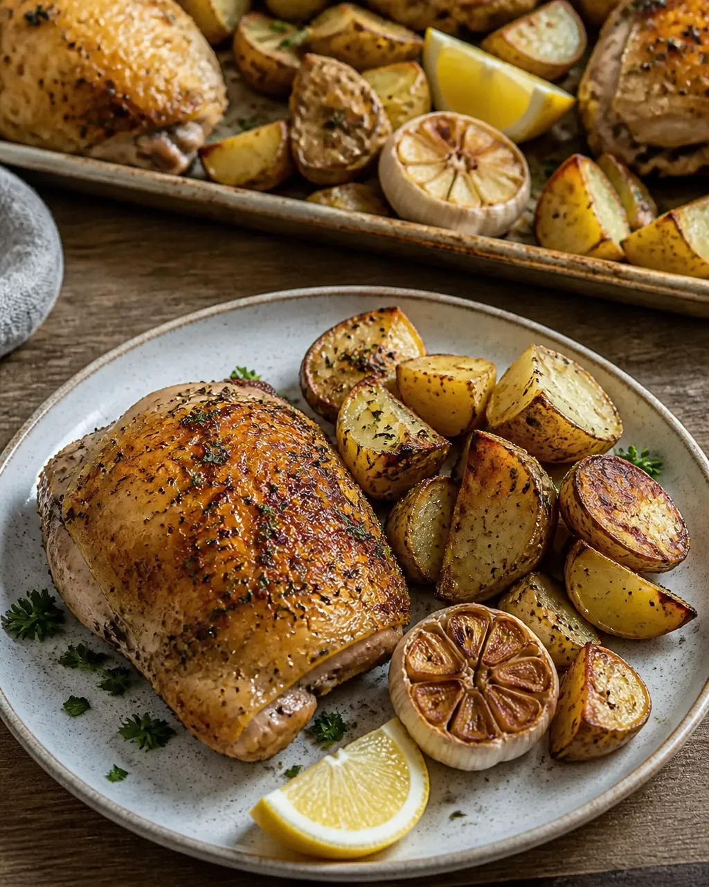 Plated lemon garlic chicken with roasted potatoes, lemon wedge, parsley, and natural home-cooked texture