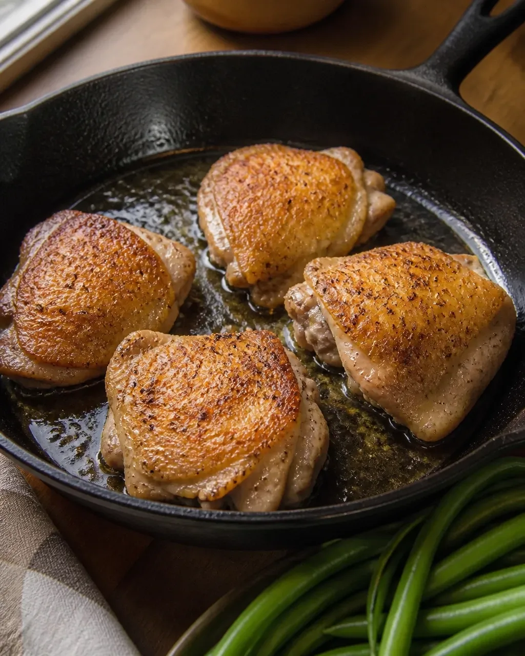 Chicken thighs searing skin-side down in a cast-iron skillet