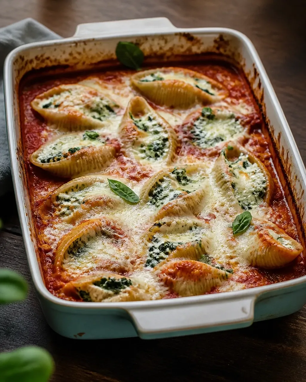 Baked spinach ricotta stuffed shells in a rustic ceramic dish
