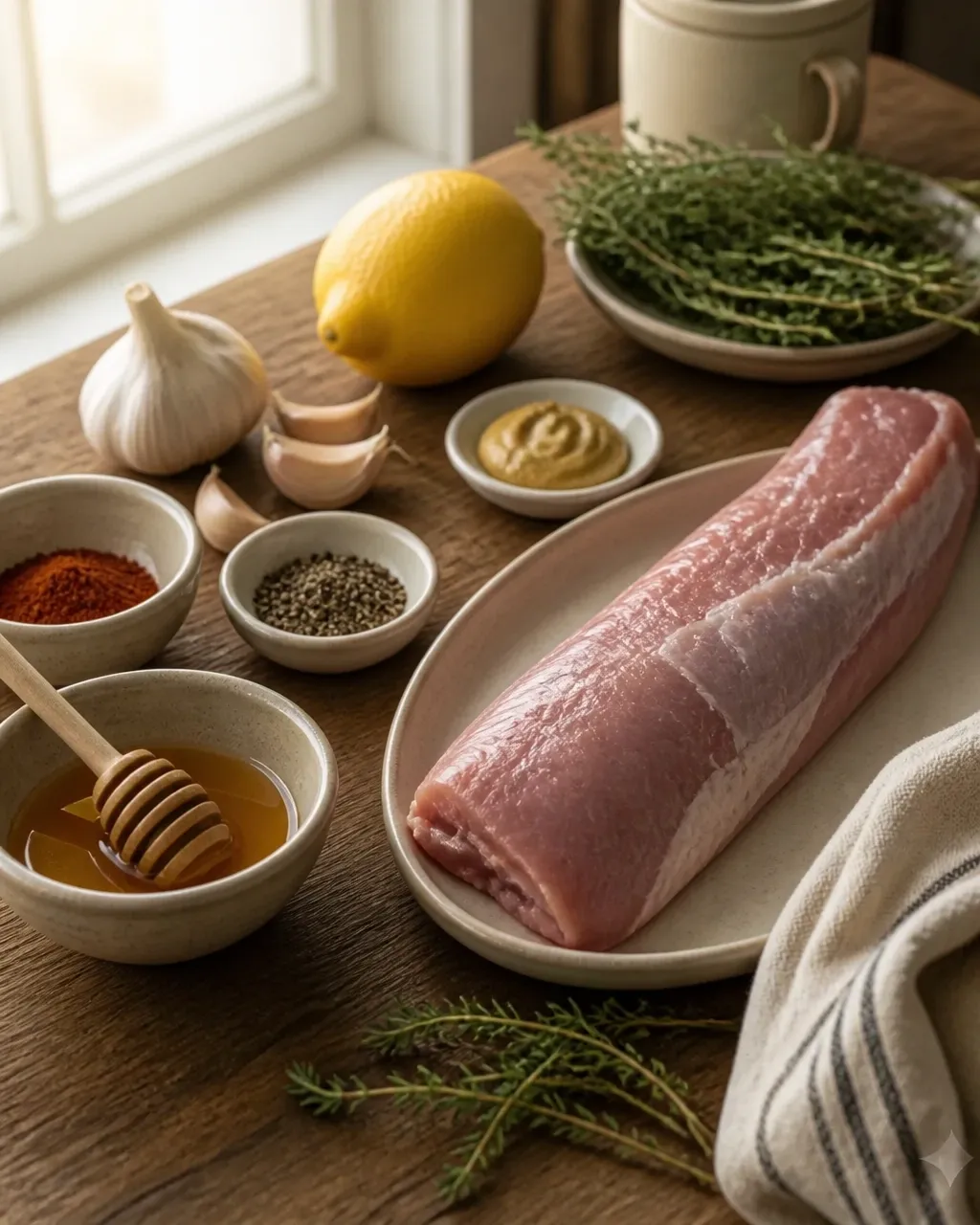 Raw pork tenderloin and simple glaze components arranged in a naturally lit home kitchen