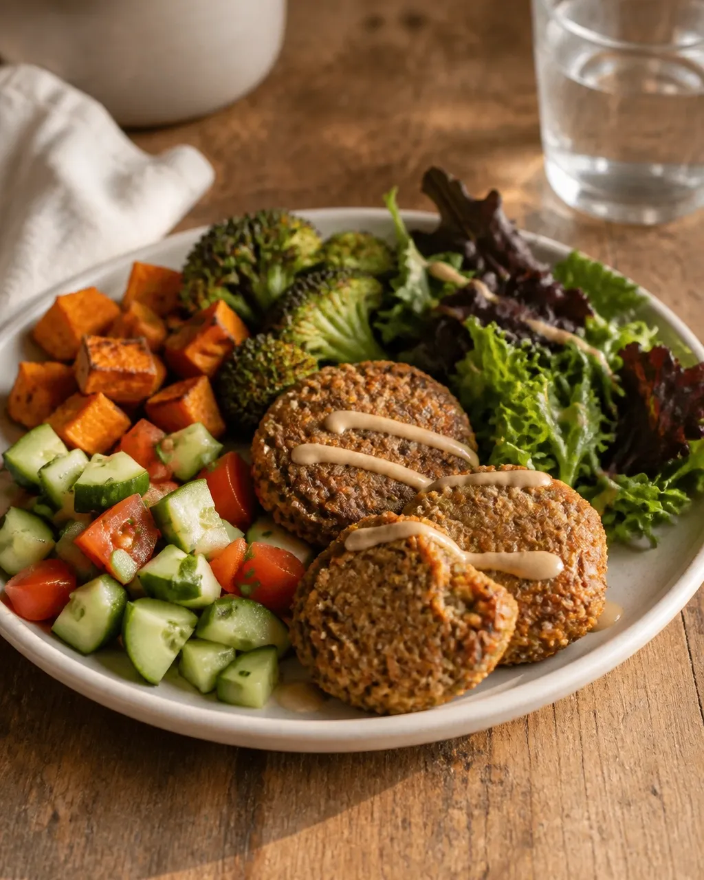 Crispy lentil and quinoa patties served as a balanced plant-based dinner