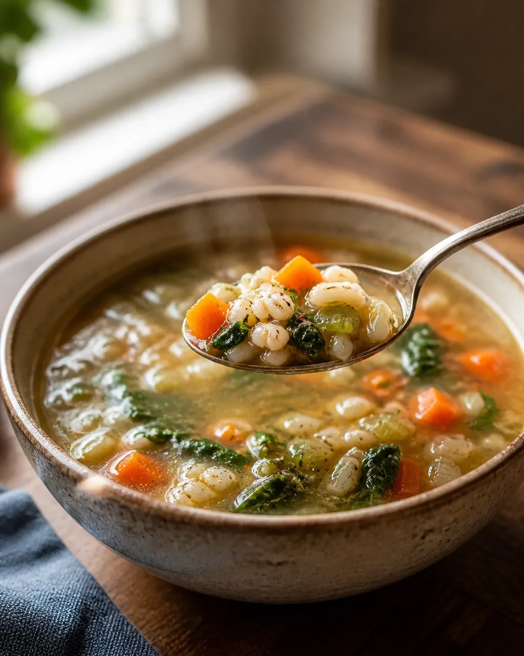 A spoonful of vegetable and barley soup showing tender vegetables and chewy barley