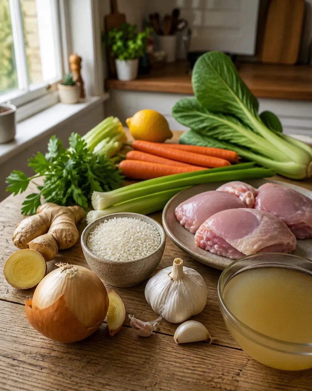 Fresh ginger, garlic, onion, carrots, celery, scallions, leafy greens, rice, chicken, lemon, and stock arranged on a wooden kitchen counter