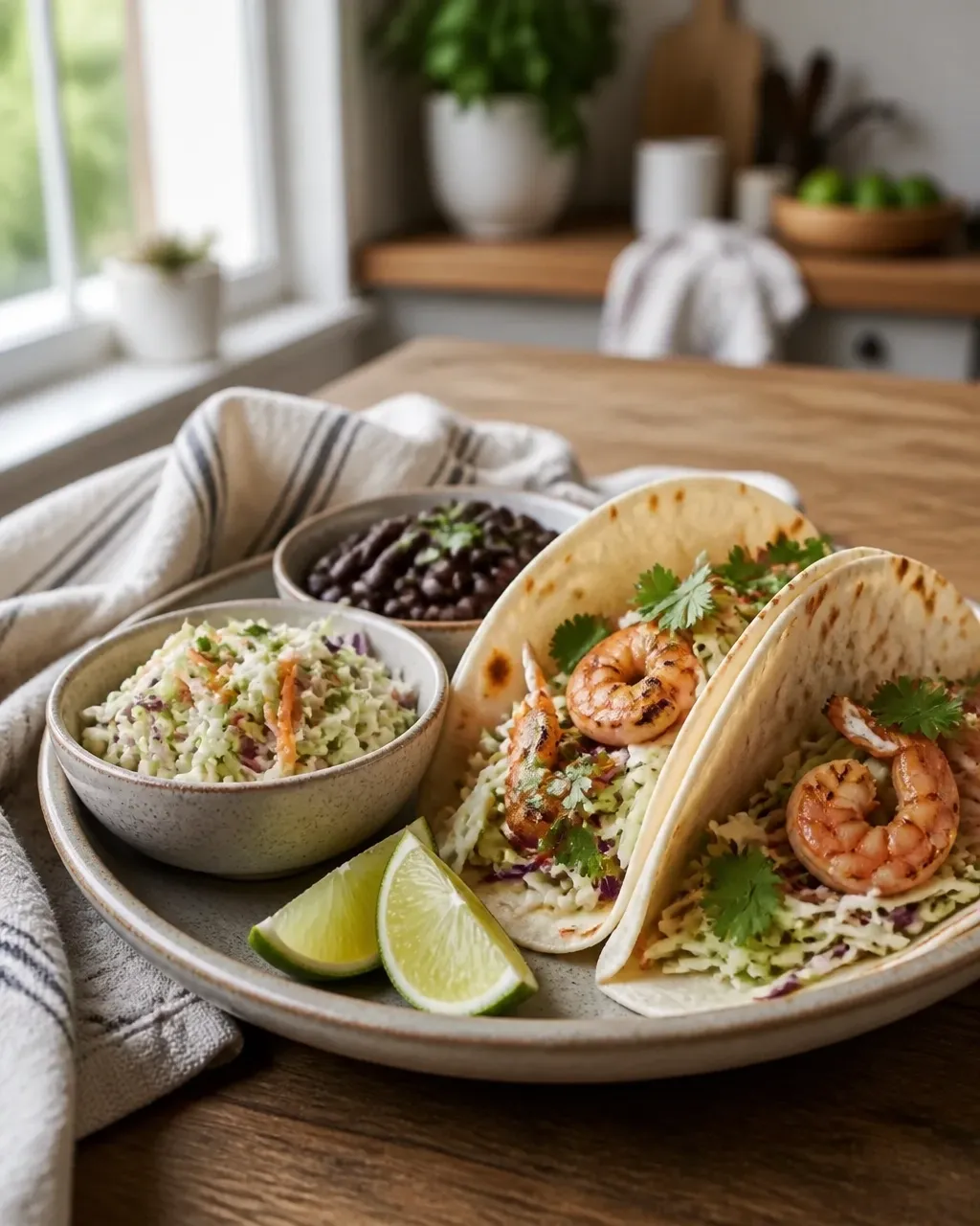 Garlic lime shrimp tacos served with crunchy lime cabbage slaw, black beans, cilantro, and lime wedges on a warm wooden table