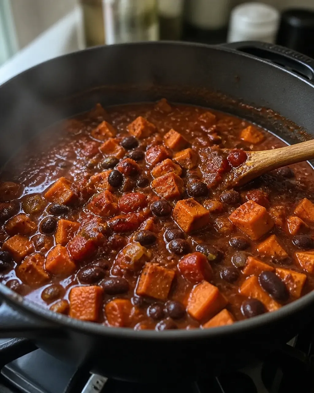 A dark Dutch oven filled with sweet potato black bean chili gently simmering, with visible steam and a wooden spoon at the edge