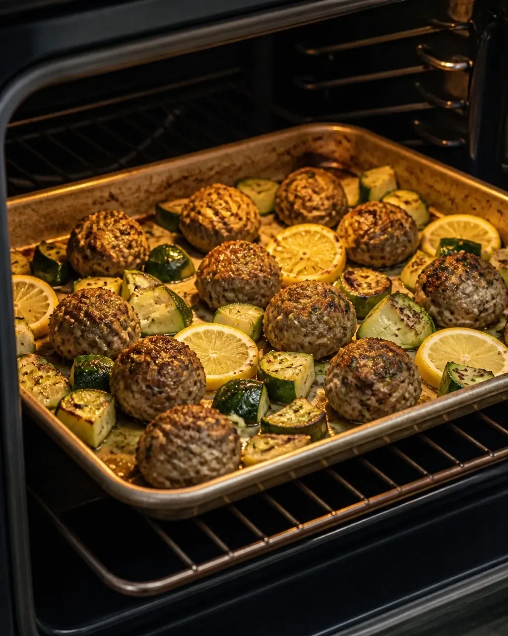 Sheet pan of turkey meatballs and zucchini roasting with browned edges