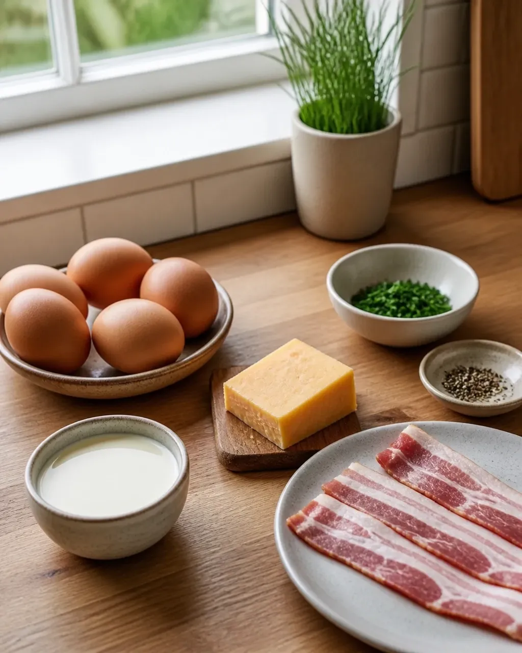Eggs, cheddar, bacon, cream, chives, and black pepper arranged casually on a home kitchen counter